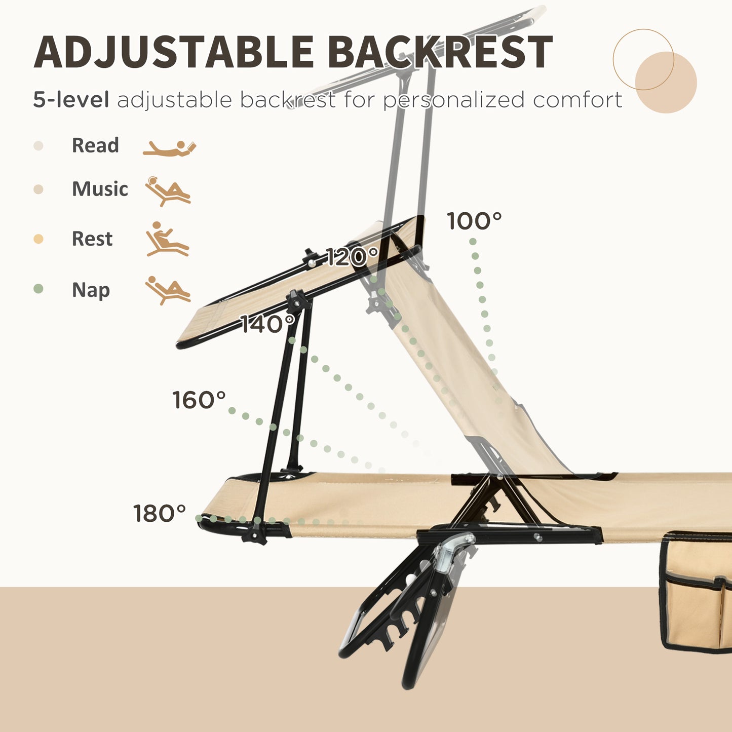 Outsunny 2 Piece Folding Sun Loungers with Canopy, Adjustable Recliner Garden Chairs with Side Pocket, Steel Frame and Breathable Mesh for Outdoor, Pool, Beach, Garden, Tan Brown
