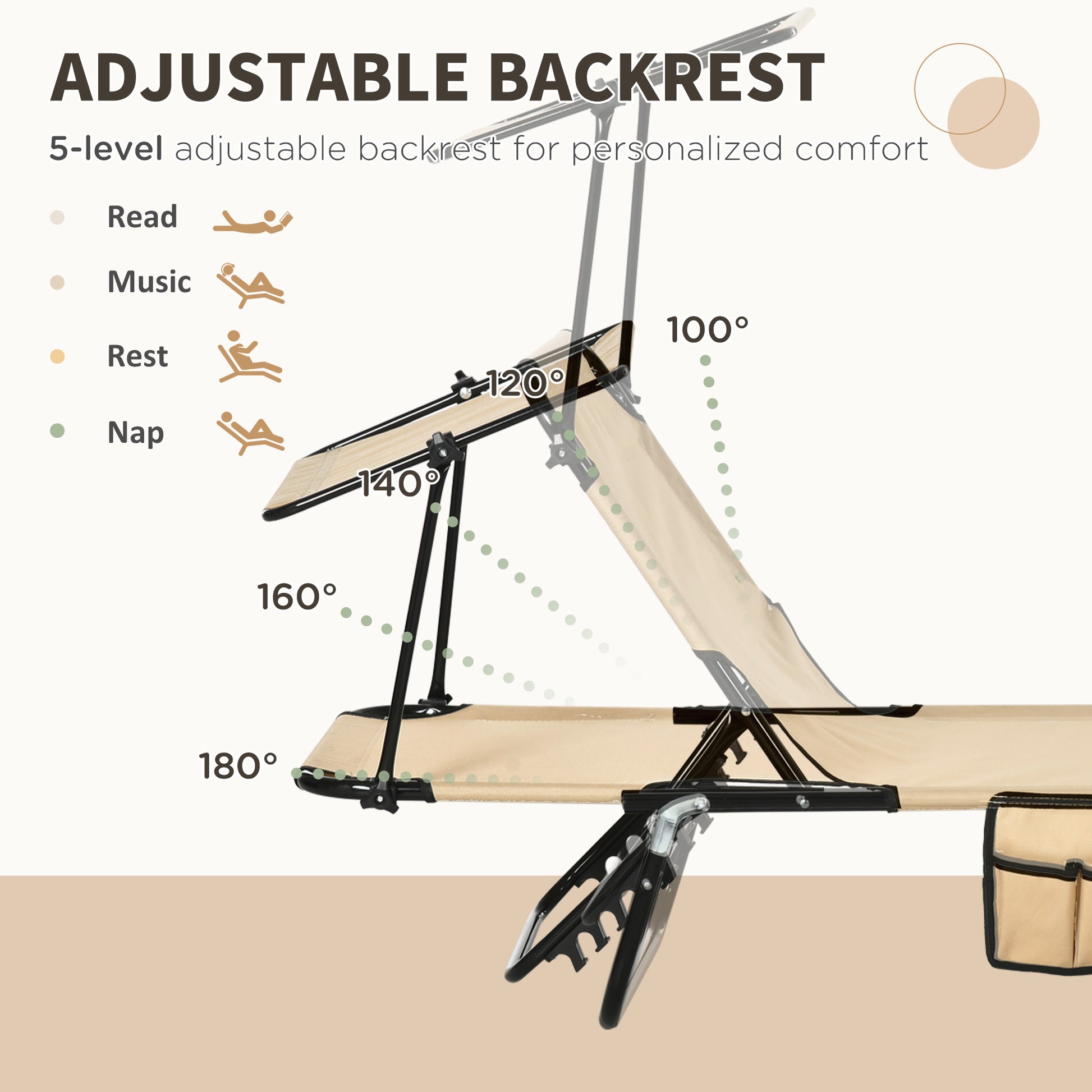 Outsunny 2 Piece Folding Sun Loungers with Canopy, Adjustable Recliner Garden Chairs with Side Pocket, Steel Frame and Breathable Mesh for Outdoor, Pool, Beach, Garden, Tan Brown