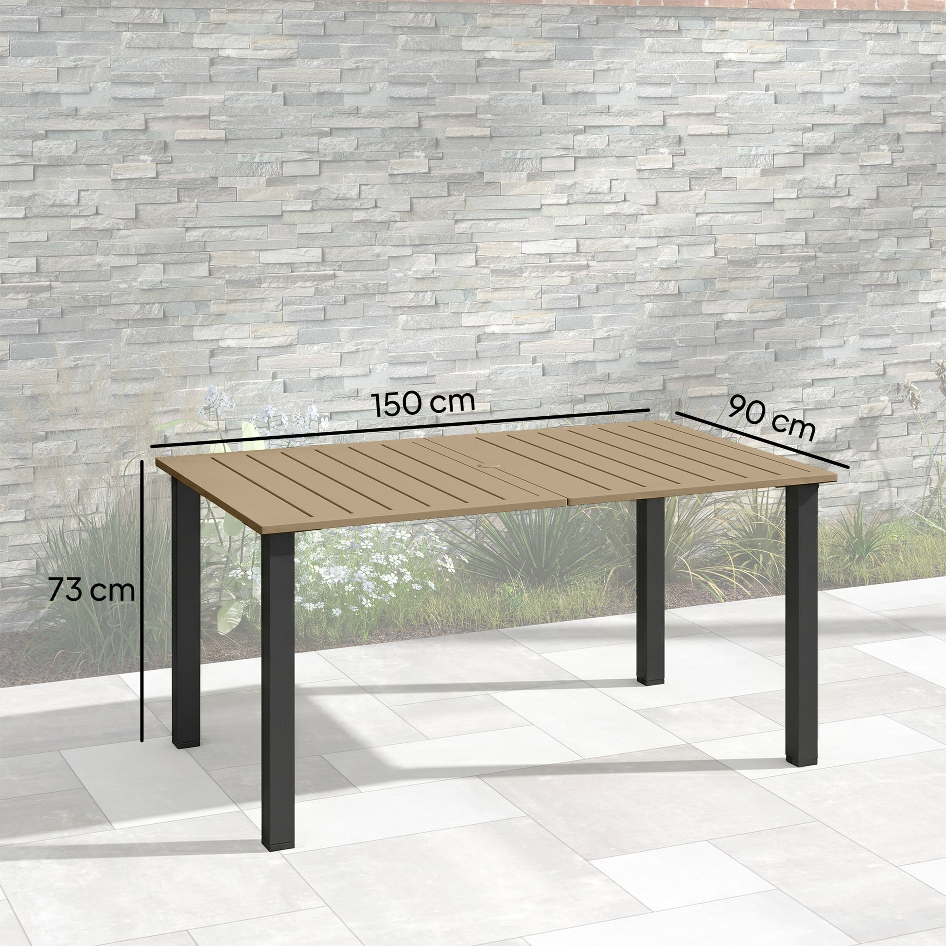 Outsunny Garden Dining Table for 6 with Parasol Hole, Rectangle Outdoor Garden Table with Slatted Metal Top, Steel Frame, Brown