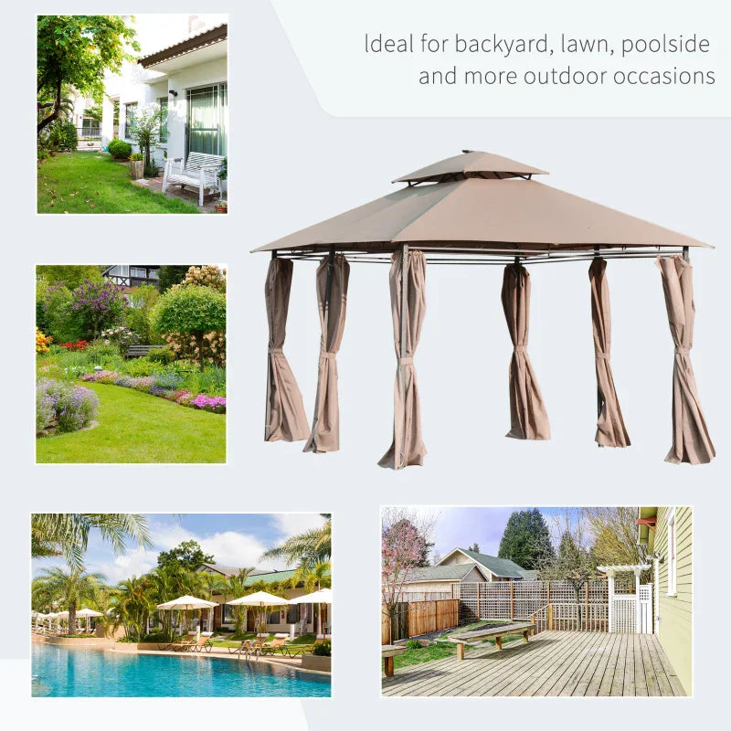 4m x 3m Garden Gazebo with LED Solar Lights - Double Tier Roof Outdoor Party Shelter with Curtains