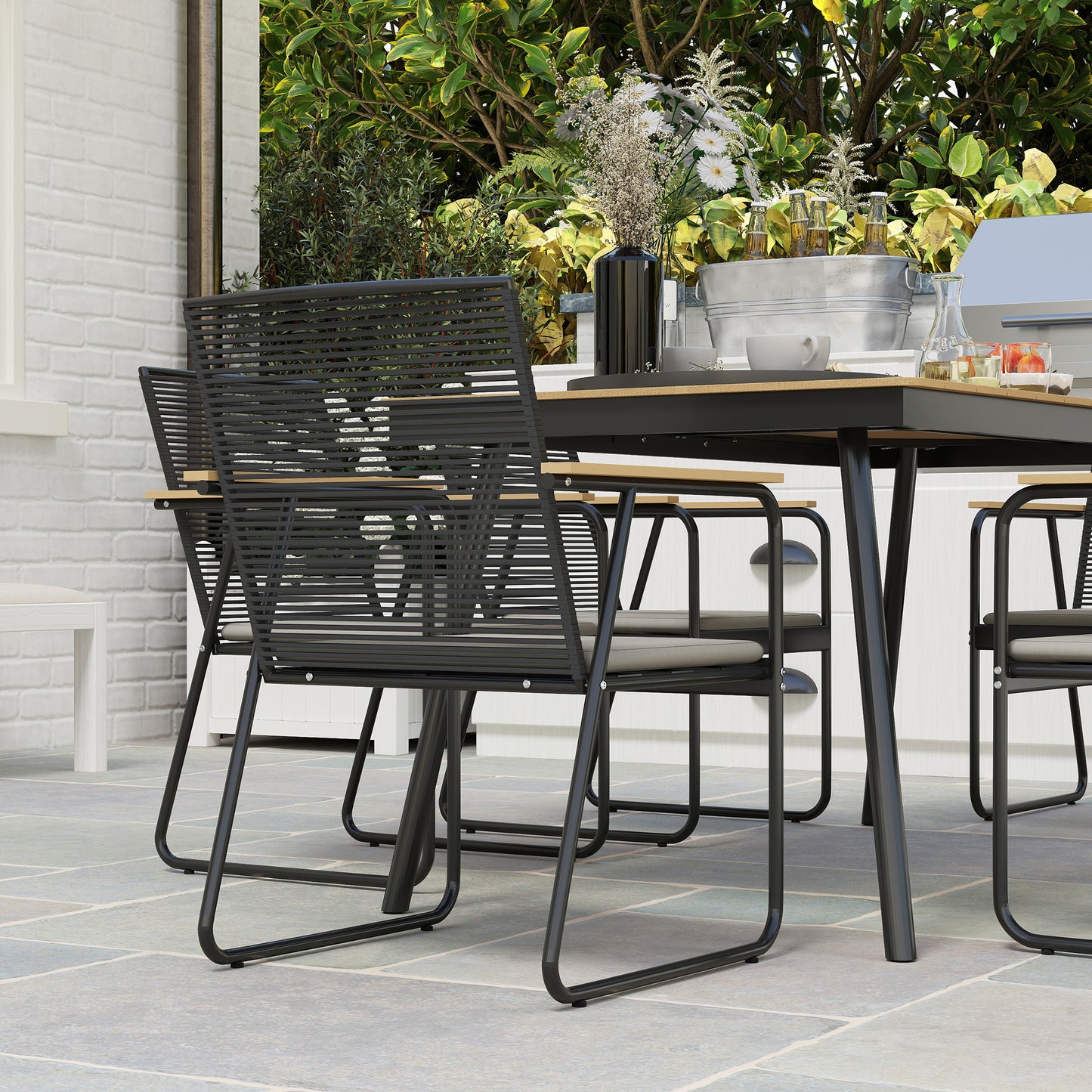 Outsunny 6‑Seater Garden Dining Set with Cushions, Rattan Backrest, Plastic Top, Garden Furniture Set, Natural Wood Finish