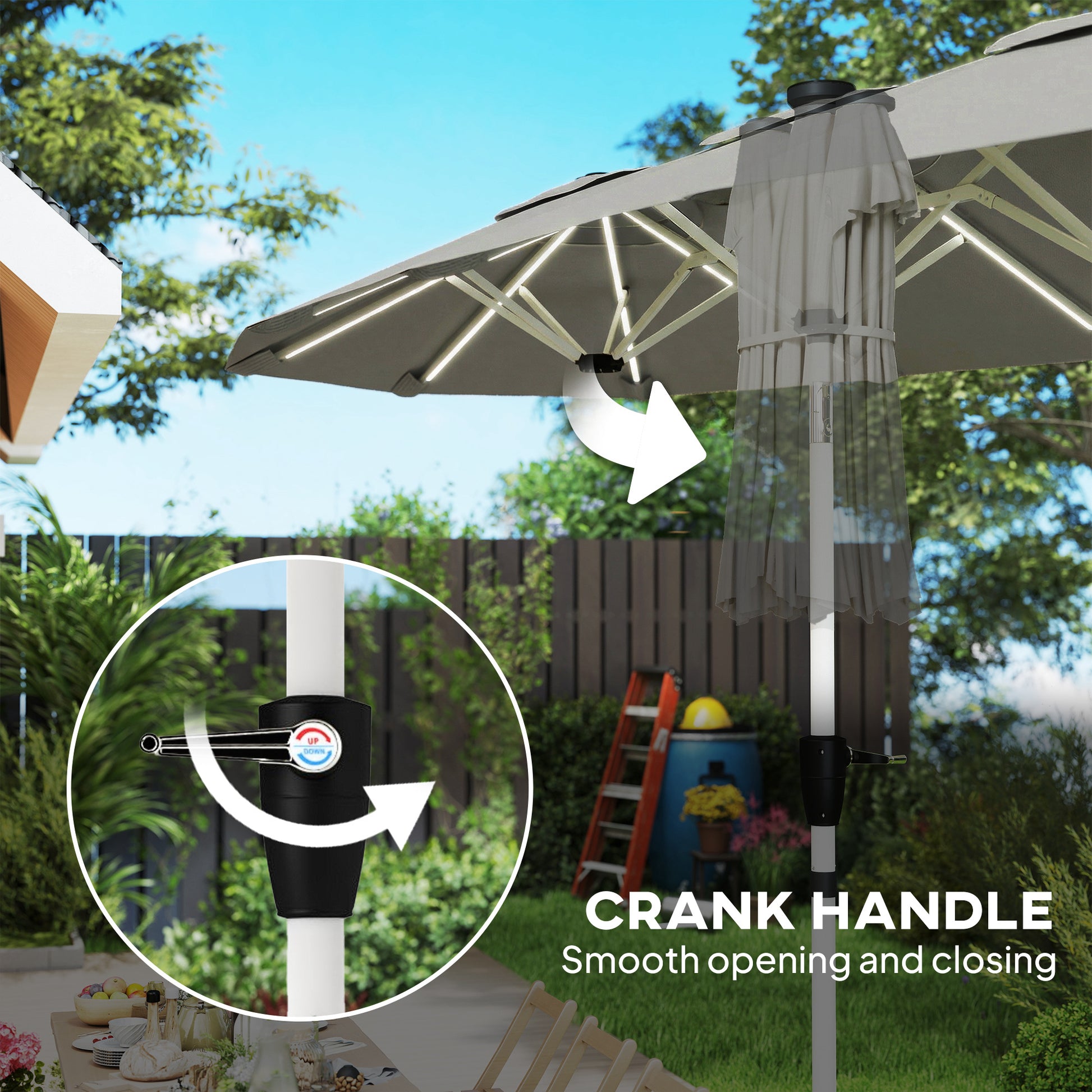 Outsunny 3 m Double-Sided Garden Parasol with LED Solar Lights, Outdoor Extra Large Sun Umbrella with Crank Handle, Grey