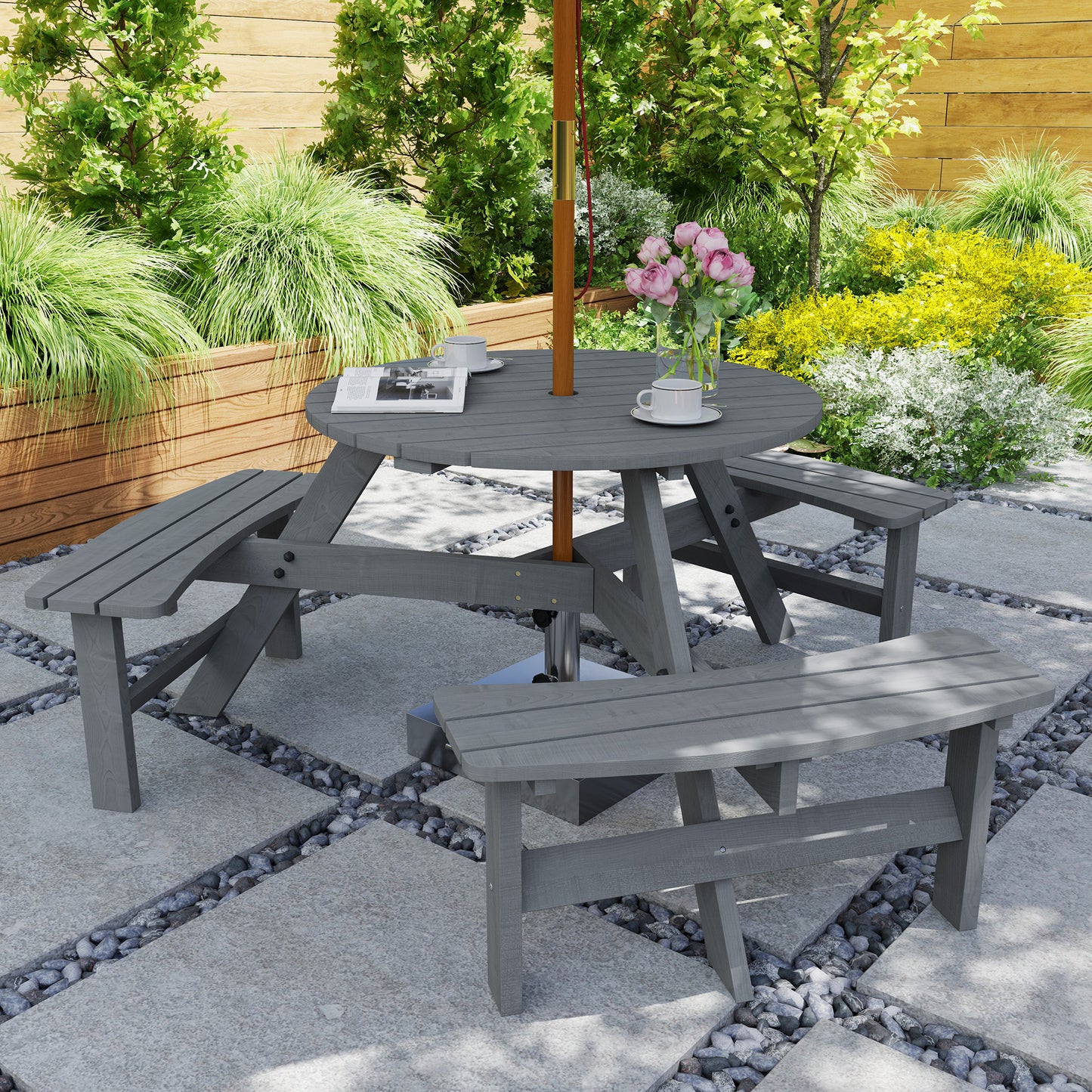 Wooden Garden Dining Set, 6 Seater Round Dining Picnic Table with Matching Bench, Garden Furniture Set with Parasol Hole for Outdoor Patio Party