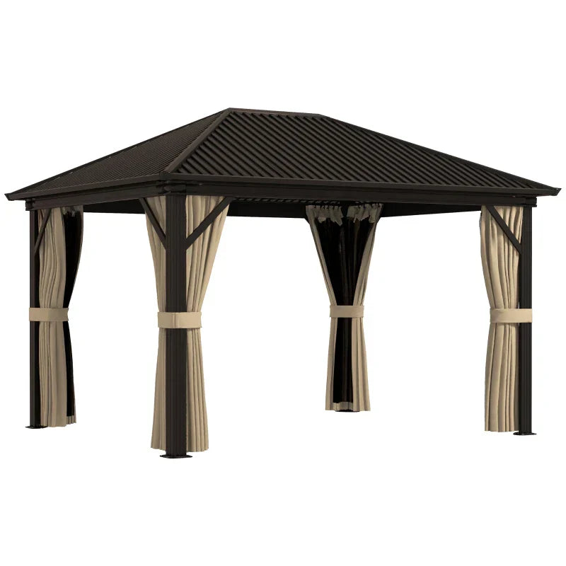 Brown 3.6m x 3m Aluminium Hardtop Gazebo - Durable Garden Shelter with Privacy Curtains