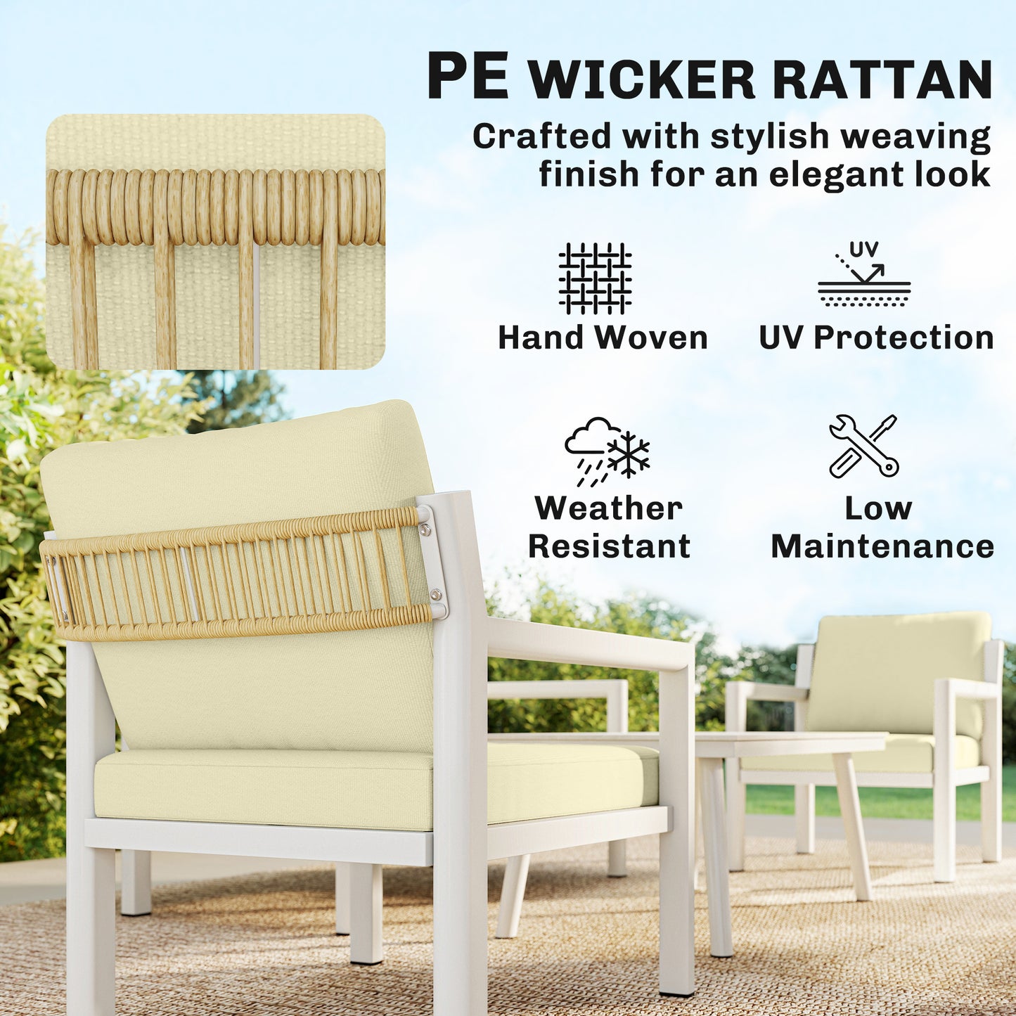 Outsunny 4 Seater Rattan Garden Furniture Set with 2 Armchairs, Loveseat, Coffee Table, Garden Sofa Set with Cushions, Cream