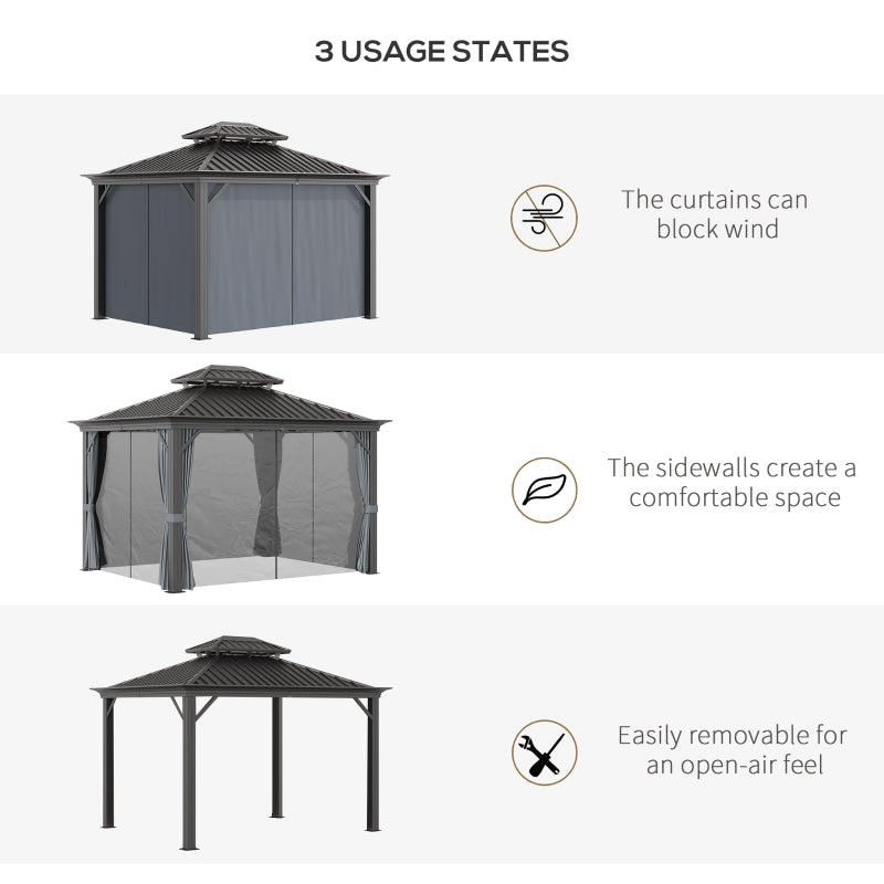Grey 3.65m x 3m Premium Hardtop Gazebo with Double-Tier Roof, Aluminium Frame, Curtains & Removable Mesh Screens