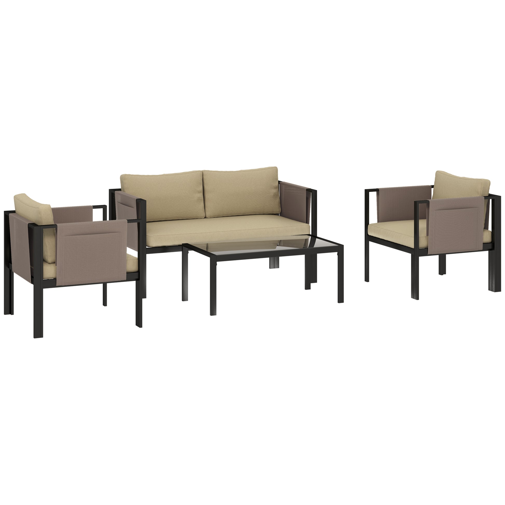 Outsunny 4 Piece Metal Garden Furniture Set with Loveseat, Breathable Texteline Chairs and Glass Coffee Table for Patio, Balcony & Outdoor, Khaki