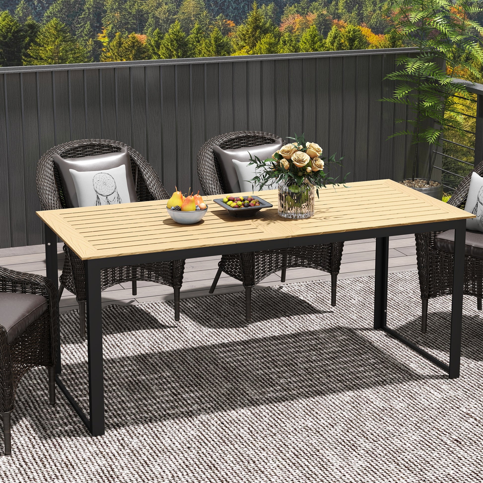 Outsunny Garden Table for 6 People, 175 x 78 x 75 cm Rectangle Outdoor Dining Table with Slatted Top, Metal Frame, for Balcony, Deck, Teak