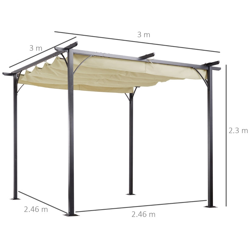 3m x 3m Steel Pergola with Beige Coloured Retractable Shade Canopy