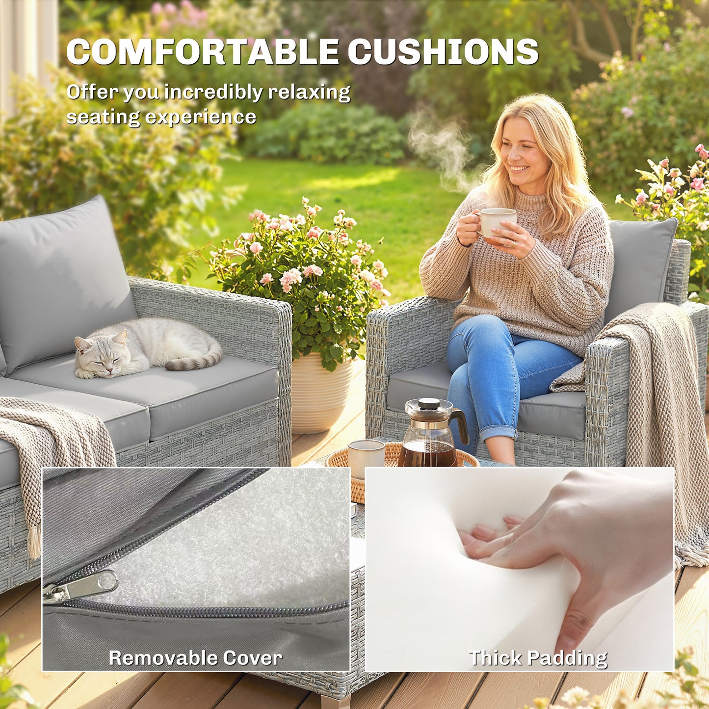 Outsunny 4 Piece Rattan Garden Furniture Set with Loveseat, 2 Armchairs, Glass-Top Table, Wicker Patio Conversation Set, Grey
