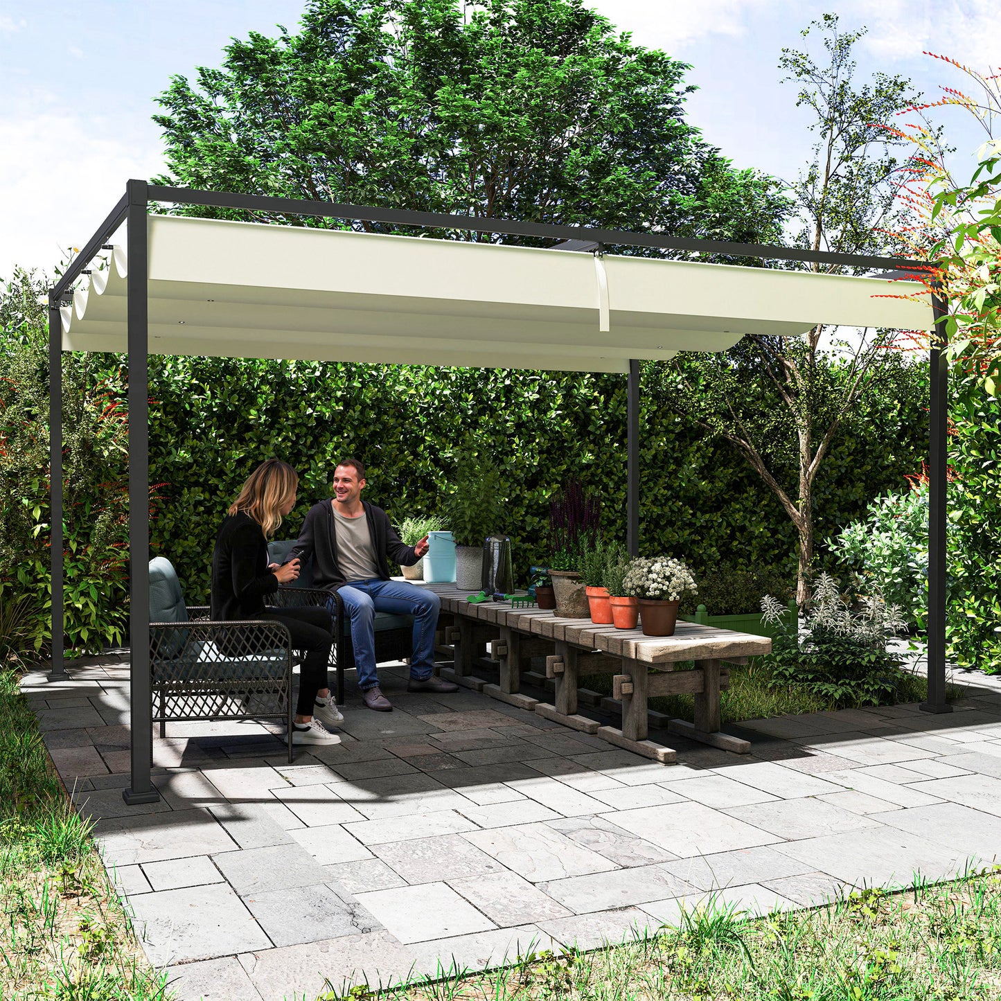 Outsunny 4 x 3(m) Metal Pergola with Retractable Roof, Garden Gazebo Canopy Shelter for Outdoor, Patio, Cream White