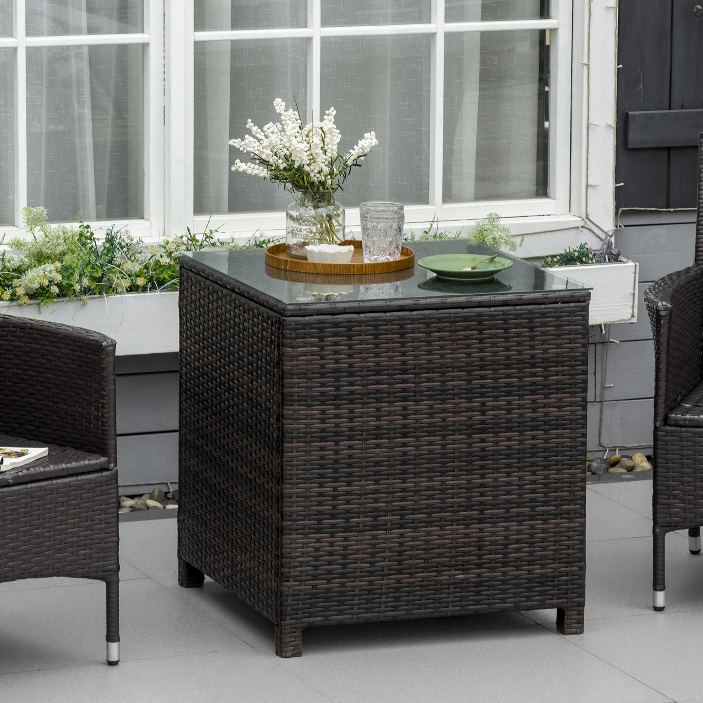 Marbella Rattan Garden Furniture Side Table Patio Frame Tempered Glass New - Brown