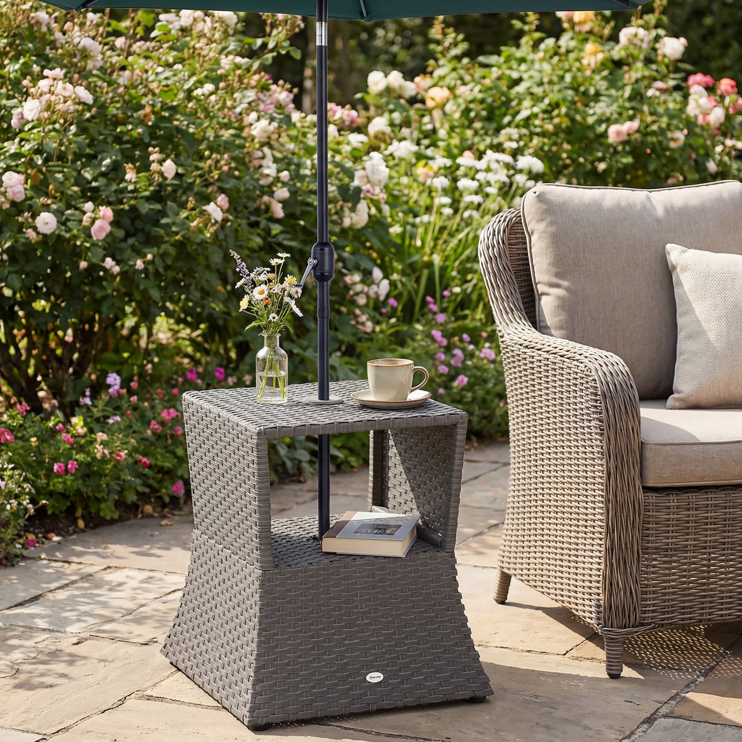 Tivoli Rattan Outdoor Coffee Table, Wicker Garden Patio Bistro Side Table with Umbrella Hole and Storage Space