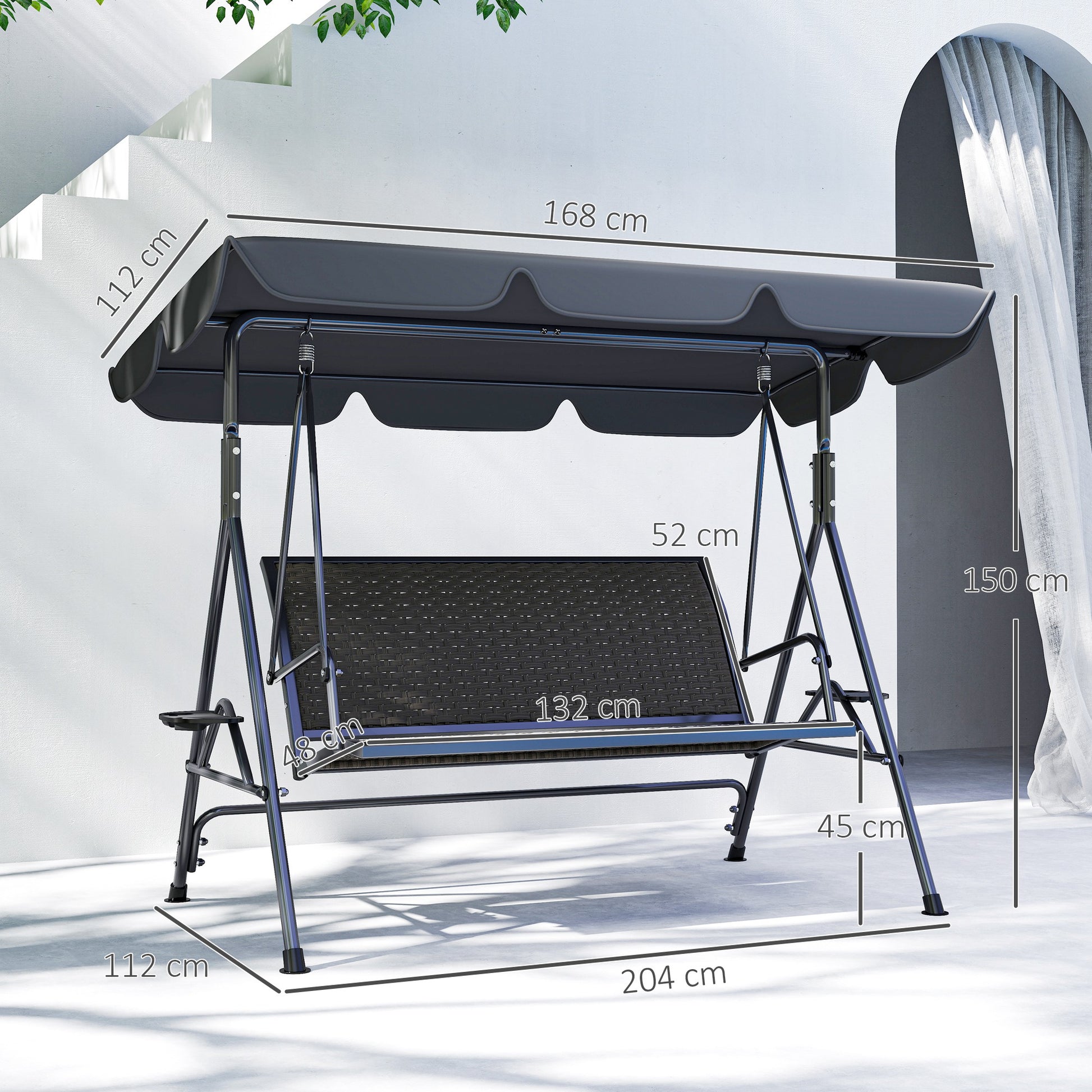 Outsunny 3 Seater Swing Chair, Garden Swing Seat Bench with Adjustable Canopy, Rattan Seat and Steel Frame for Patio, Yard, Grey