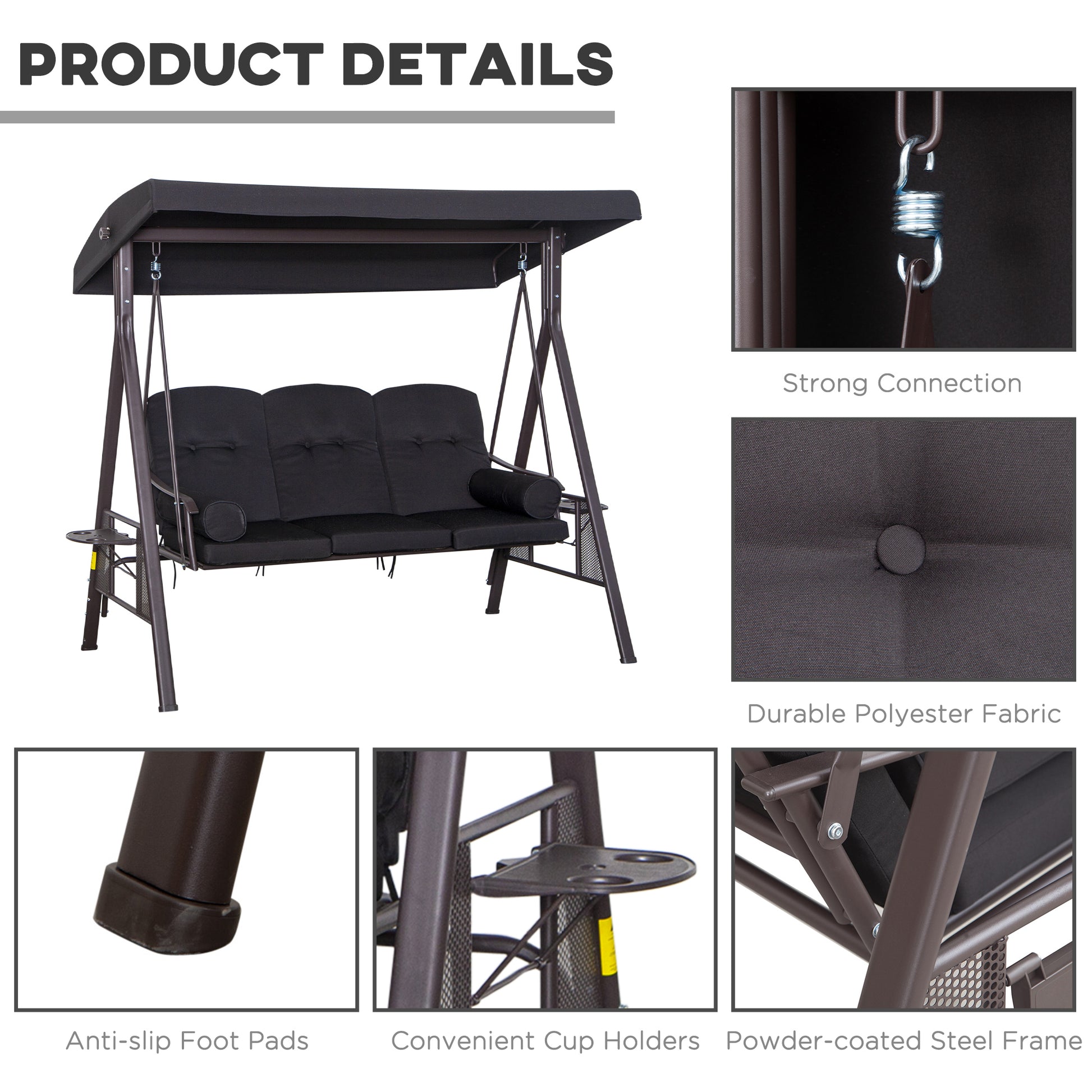 Outsunny 3 Seater Swing Chair Hammock Chair with Adjustable Canopy, Black