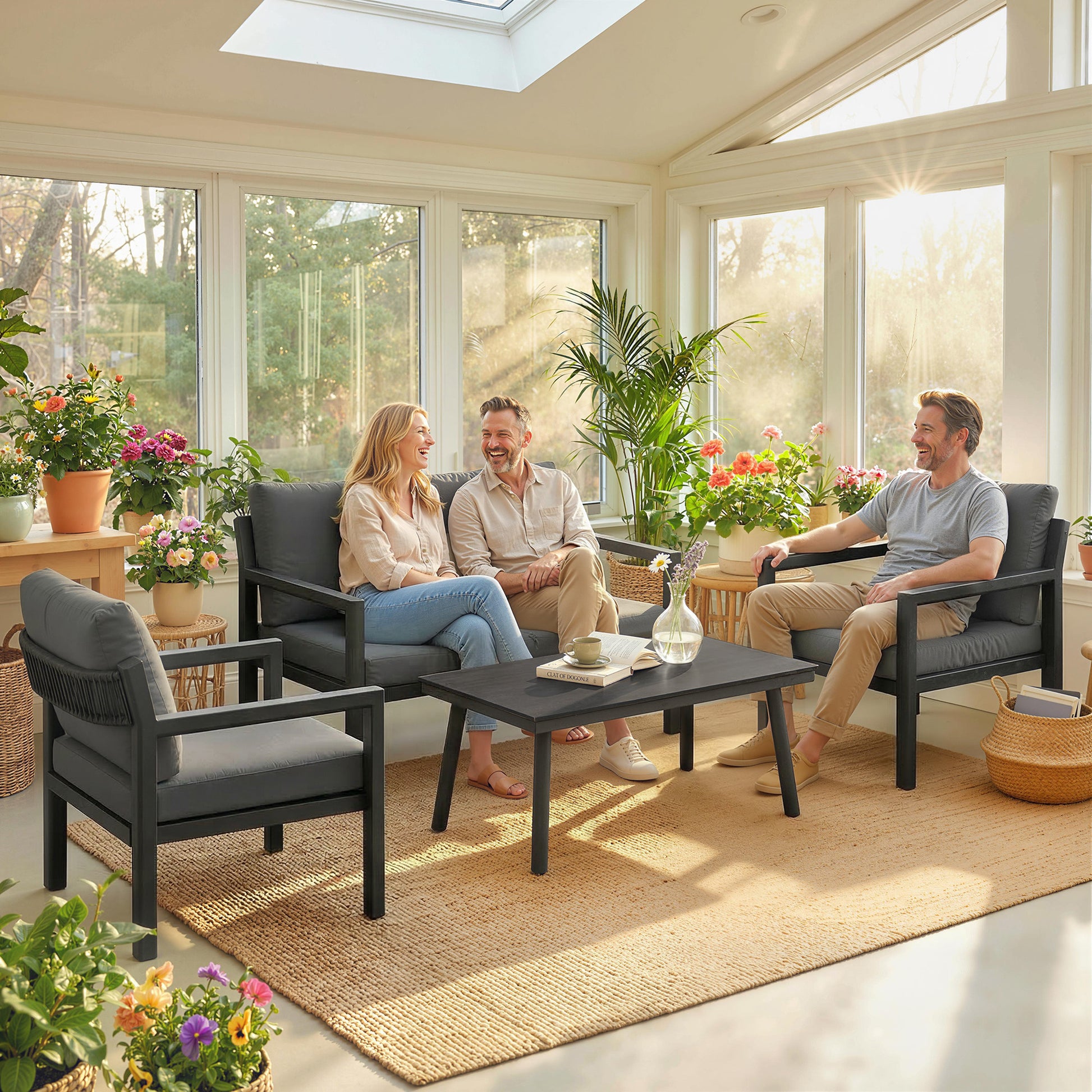 Outsunny 4 Seater Rattan Garden Furniture Set with 2 Armchairs, Loveseat, Coffee Table, Dark Grey