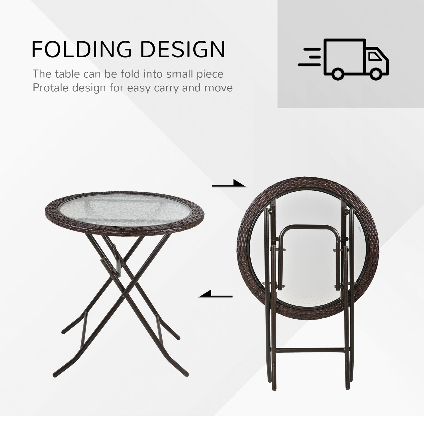 Outsunny Folding Rattan Garden Dining Table, 68 cm Round Rattan Garden Table with Water Ripple Tempered Glass Top, Wicker Edging  and Steel Frame for Outdoor, Patio, Brown
