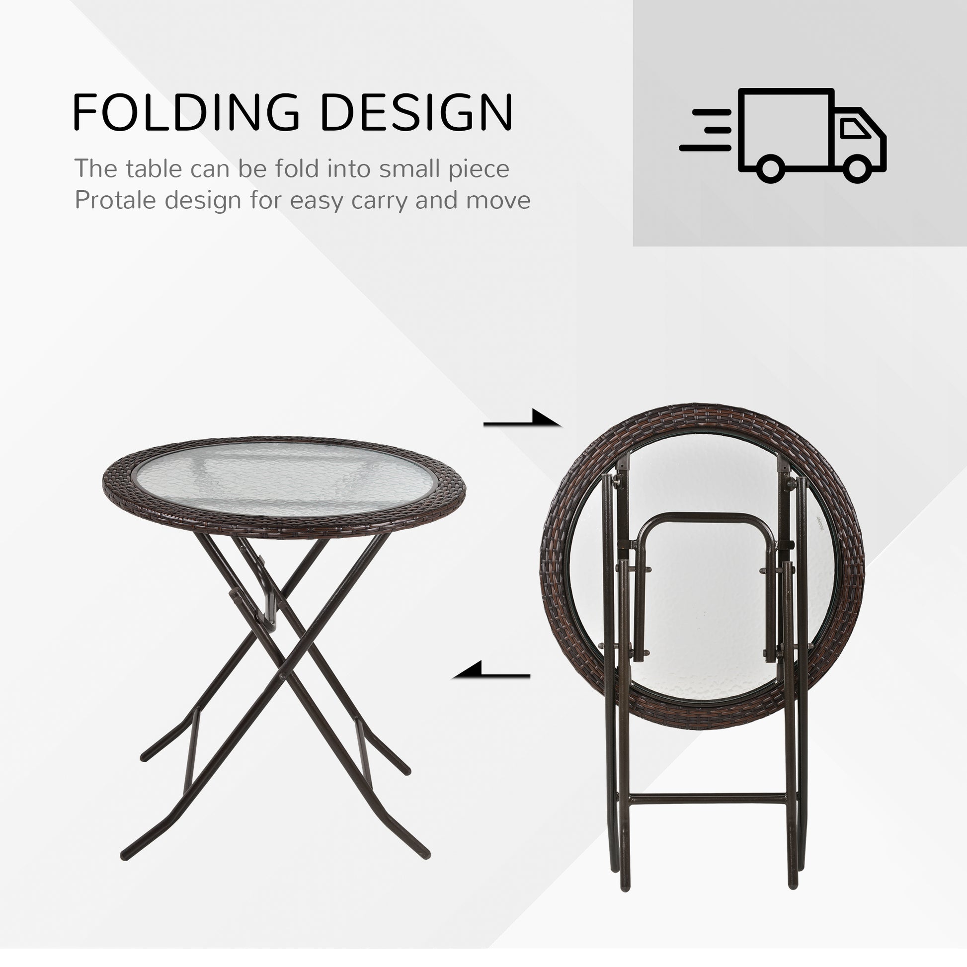Outsunny Folding Rattan Garden Dining Table, 68 cm Round Rattan Garden Table with Water Ripple Tempered Glass Top, Wicker Edging  and Steel Frame for Outdoor, Patio, Brown