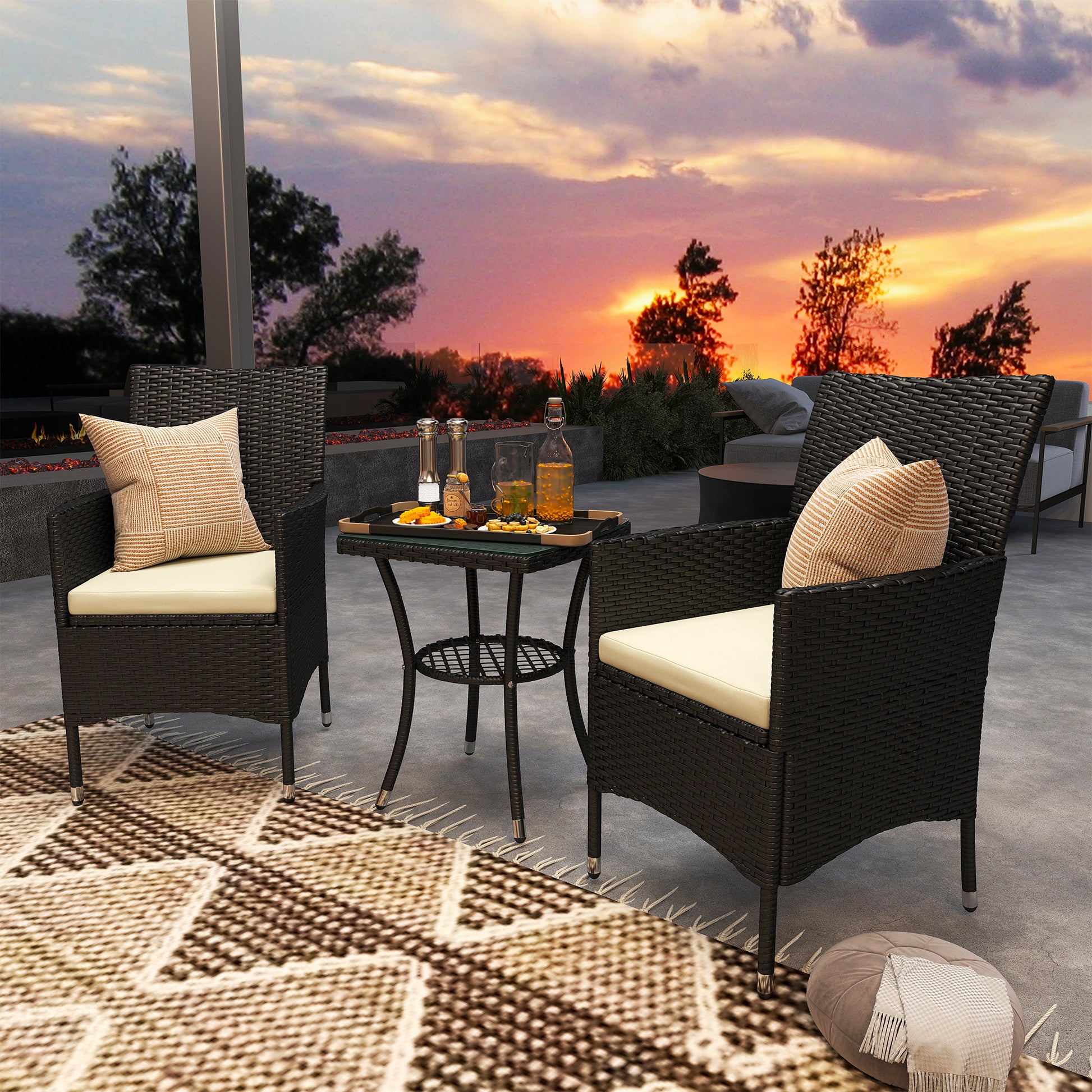 Sorrento 3 Piece Rattan Bistro Set, Wicker Garden Furniture Set with 2-Tier Coffee Table and Chairs, Cushions