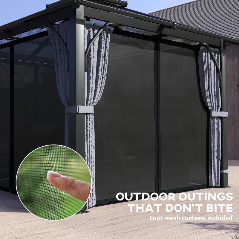 3x3m Brown Polycarbonate Hardtop Gazebo Garden Pavilion – Heavy Duty Metal Frame Shelter with Curtains & Mosquito Netting