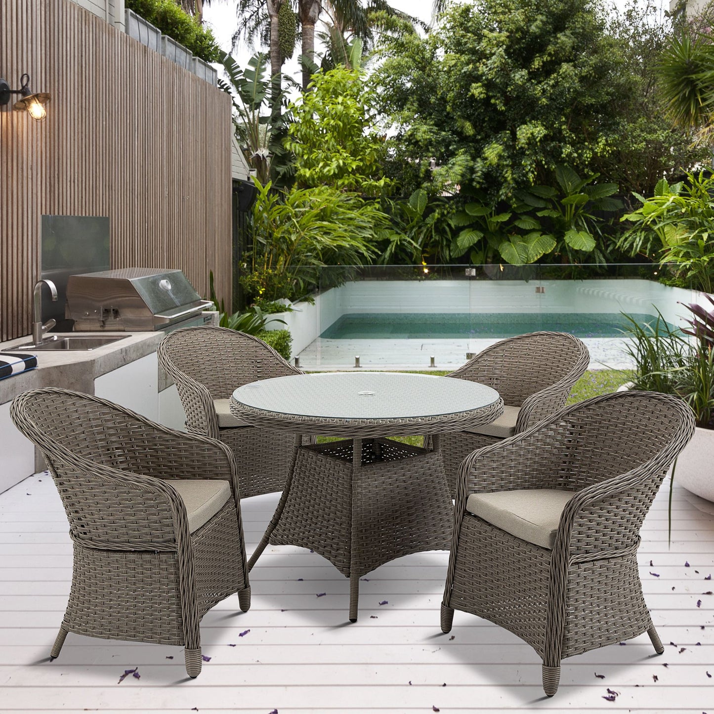 Riviera 4 Seater Rattan Garden Furniture Set with Cushions, Round PE Rattan Dining Set with Glass-Top Table