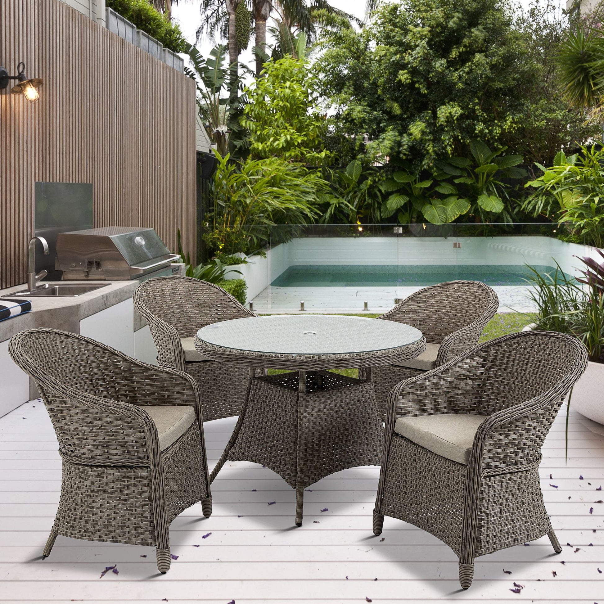 Riviera 4 Seater Rattan Garden Furniture Set with Cushions, Round PE Rattan Dining Set with Glass-Top Table