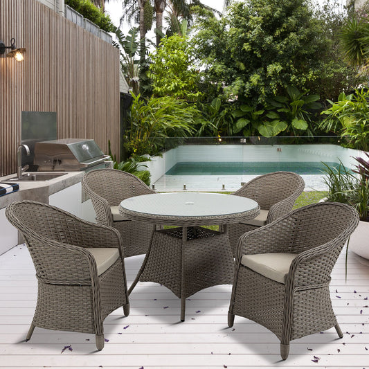 Riviera 4 Seater Rattan Garden Furniture Set with Cushions, Round PE Rattan Dining Set with Glass-Top Table