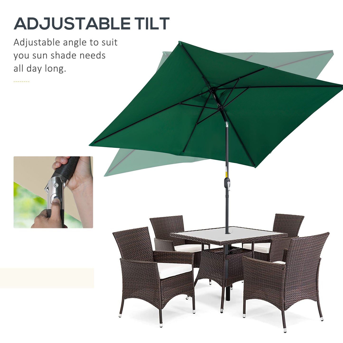 Outsunny 3x2m Garden Parasol Umbrella with Aluminium Pole, Tilt and Crank, Rectangular Outdoor Table Parasol Sun Shade for Patio, Green