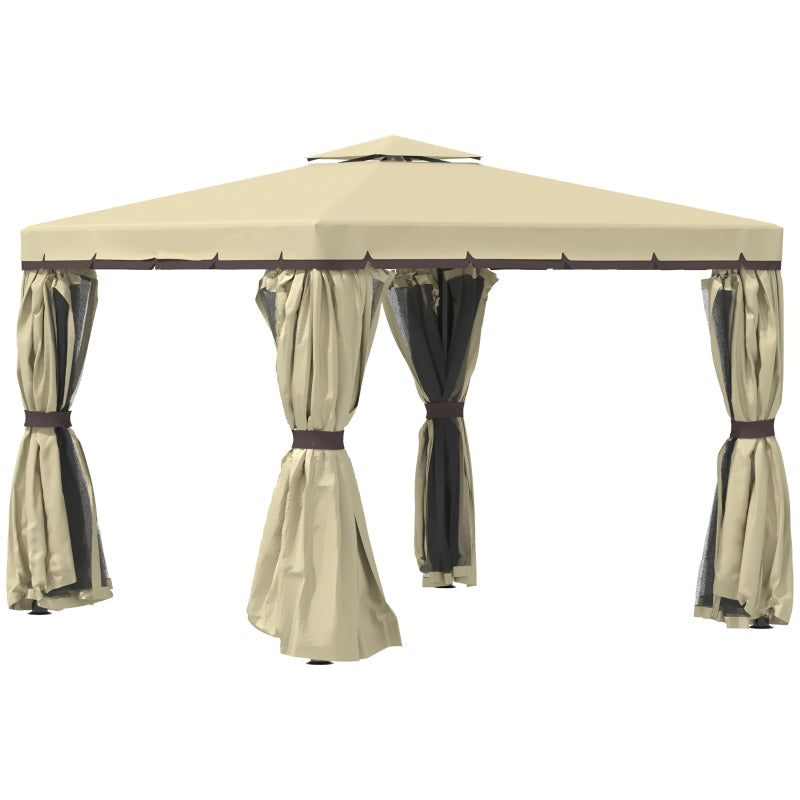 3m x 3m Beige Double – Tier Water – Resistant Garden Gazebo with Mesh Curtains, Metal Frame & Ground Fixing Kit
