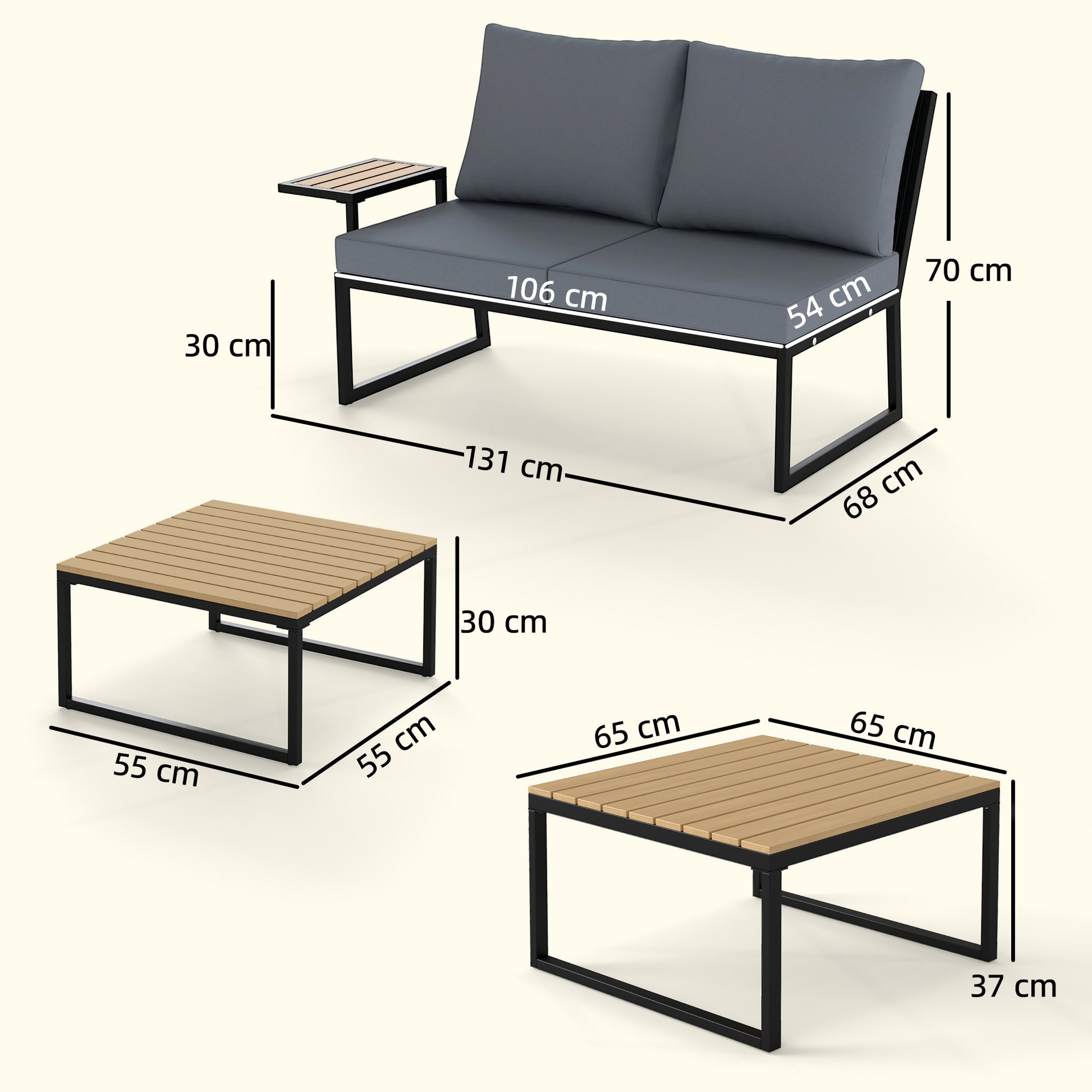 Outsunny 4 Seater Metal Garden Furniture Set, Corner Garden Sofa Set with 2 Loveseats, 2 Nesting Tables, Arm Side Trays, Teak
