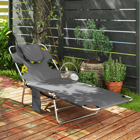 Foldable Sun Lounger Set of 2, Beach Chaise Lounge with Reading Hole, Arm Slots, 5-Position Adjustable Backrest, Side Pocket, Pillow for Garden,