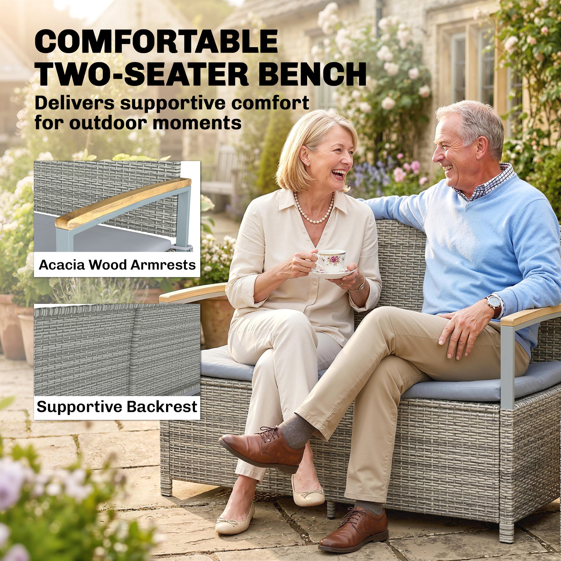 Outsunny 170 L Garden Storage Bench with Zipped Liner, 2 Seater Rattan Garden Bench with Storage, Gas Strut, Cushion, Light Grey