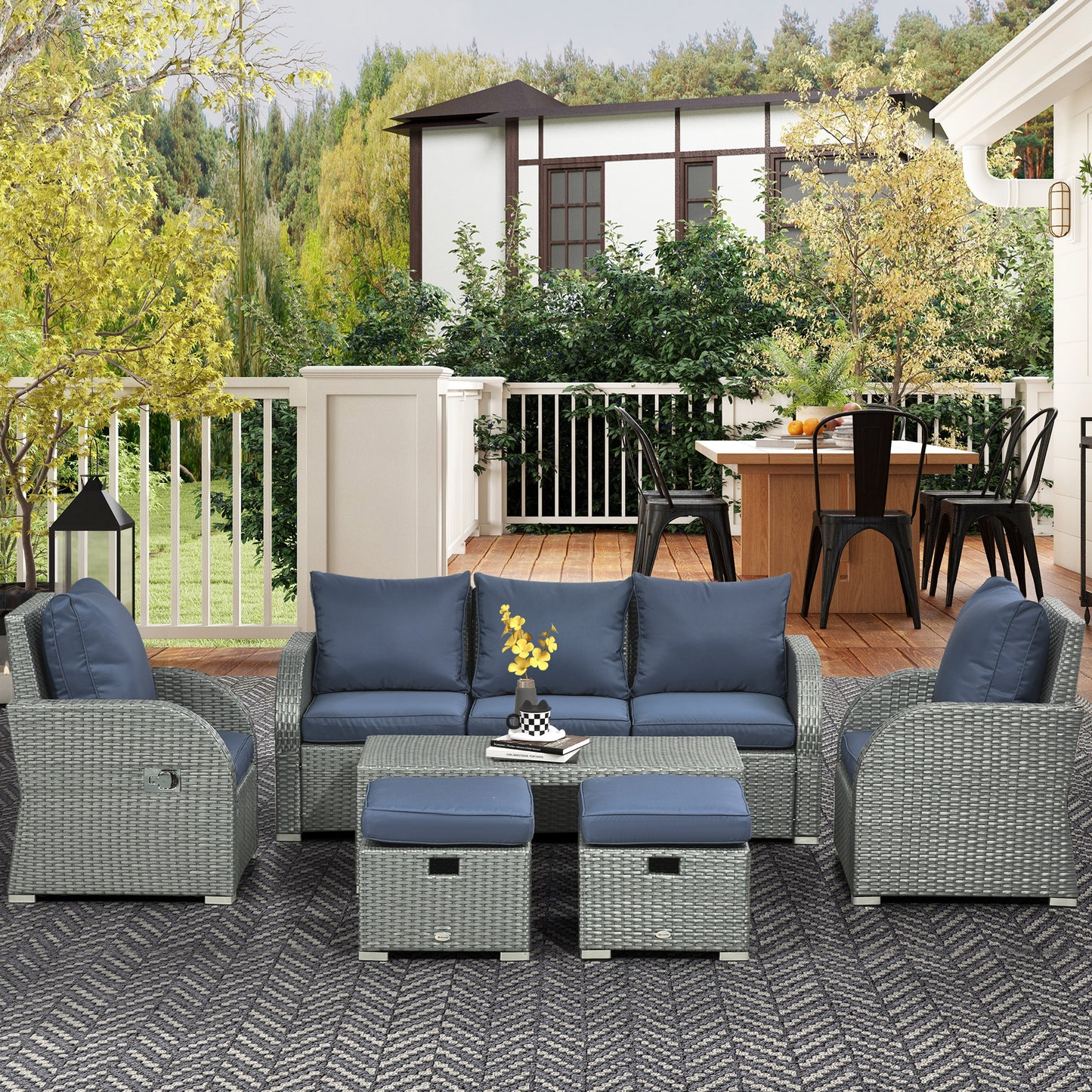 Mediterraneo Six-piece Outdoor Rattan Dining Set, Garden Sofa Set with Reclining Armchairs and Mental Frame, Blue