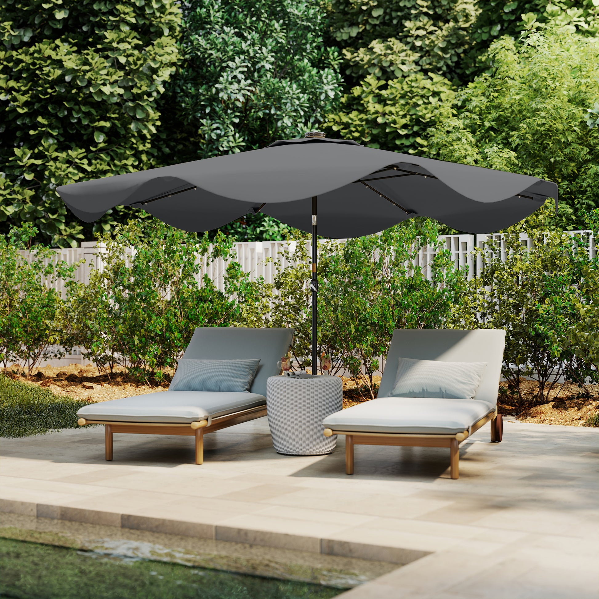 Outsunny Solar Patio Umbrella with LED and Tilt, Outdoor Market Table Umbrella Parasol with Crank, 3 x 3 (m), Dark Grey