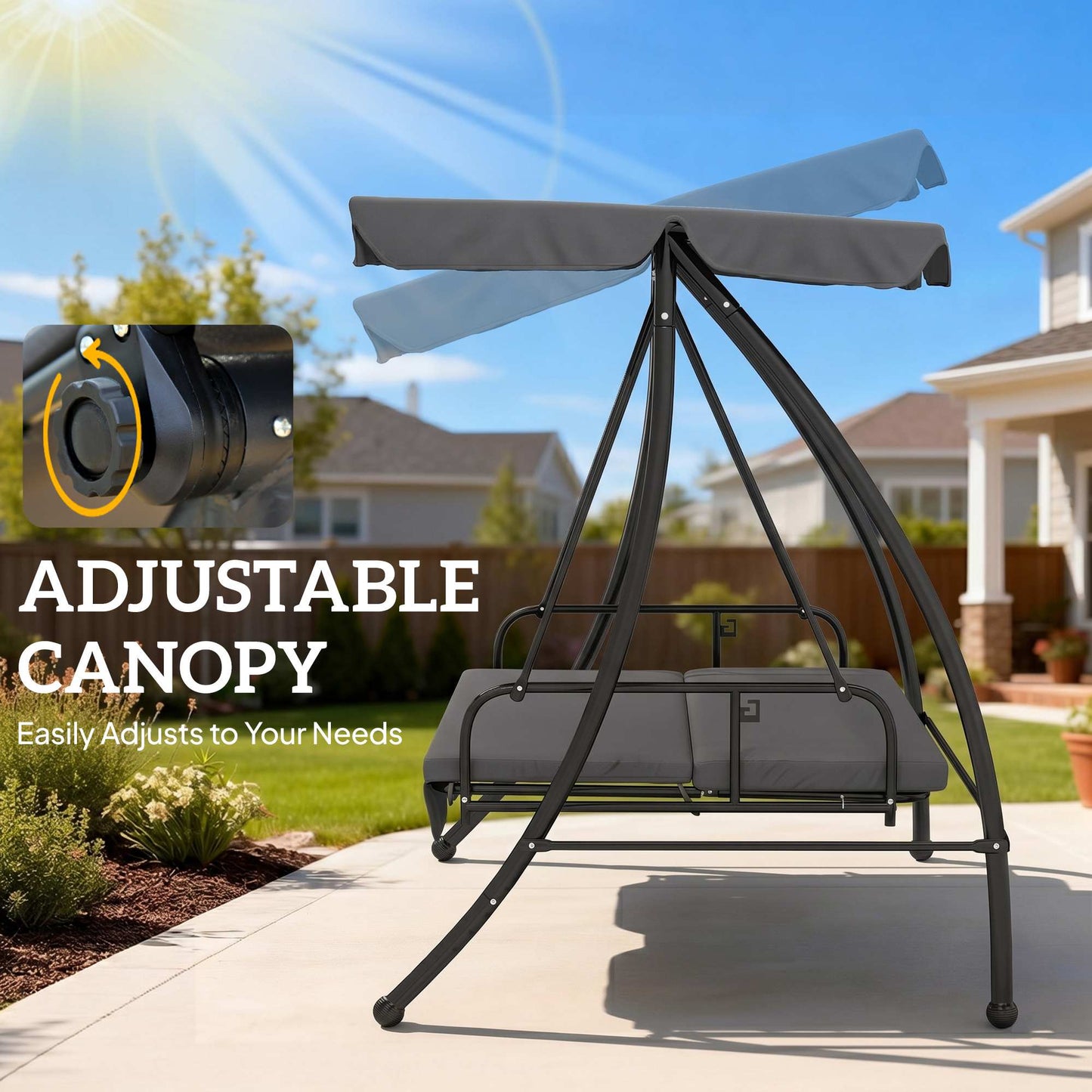 Outsunny Outdoor 2-in-1 Swing Chair Lounger 3 Seater Garden Swing Seat Bed Convertible Tilt Canopy W/ Cushion, Dark Grey
