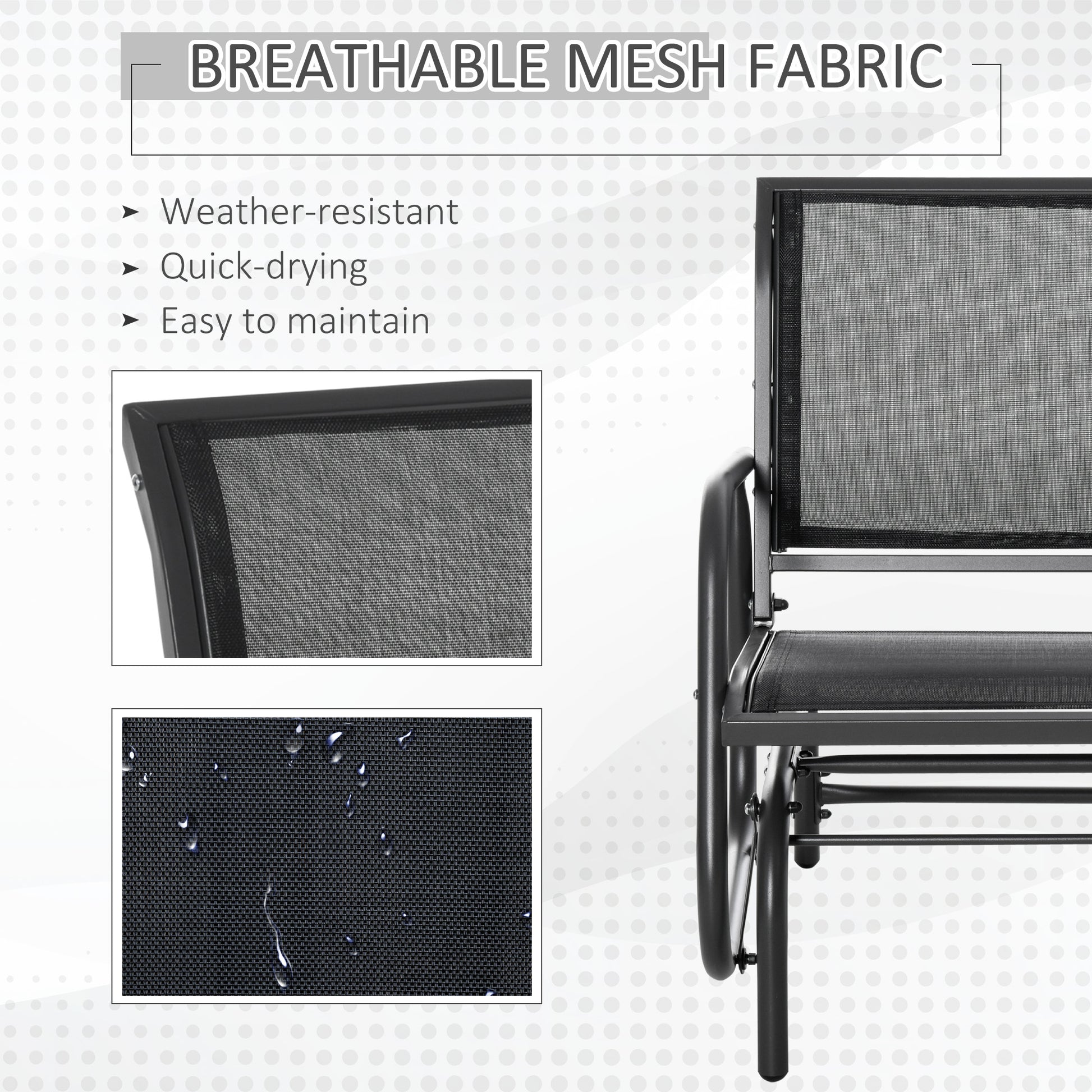 Outsunny Outdoor Garden Glider Chair, Metal Frame Single Armchair Swing Seater w/ Breath Mesh Fabric Seat, Curved Backrest, Armrests, for Living Room, Patio, Porch, Dark Grey