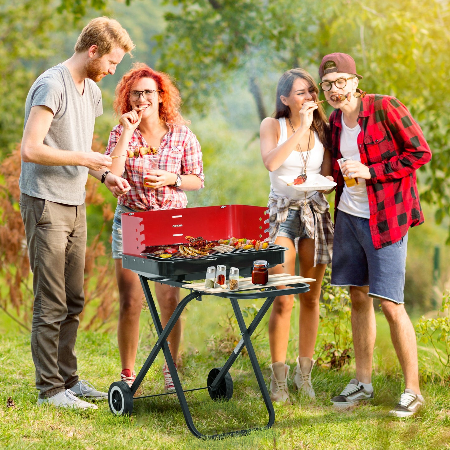 Charcoal Trolley BBQ Barbecue Grill Patio Camping Picnic Garden Party Outdoor Cooking with Windshield and Wheels Side Trays, Black/Red