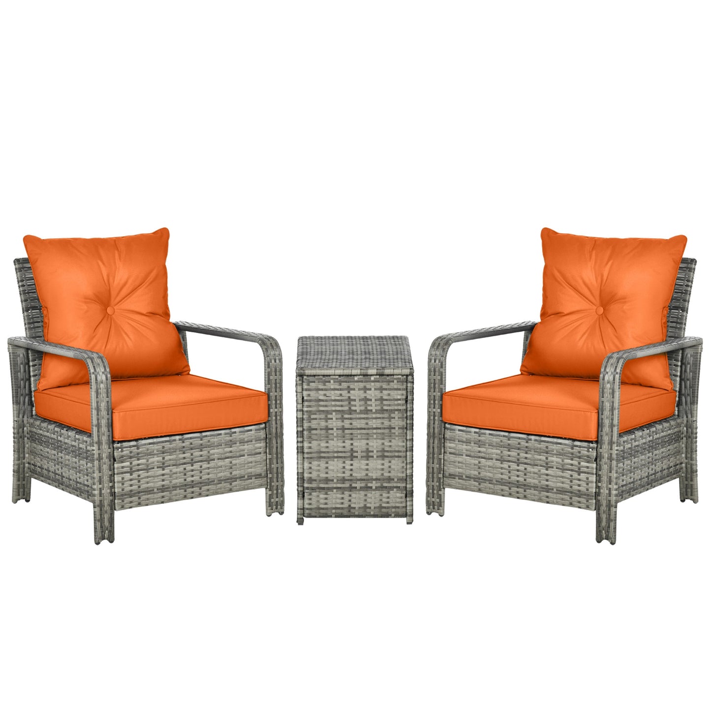 Outsunny 3 Pieces Rattan Bistro Set, Wicker Garden Furniture Set with 72 L Storage Coffee Table and Chairs, Orange