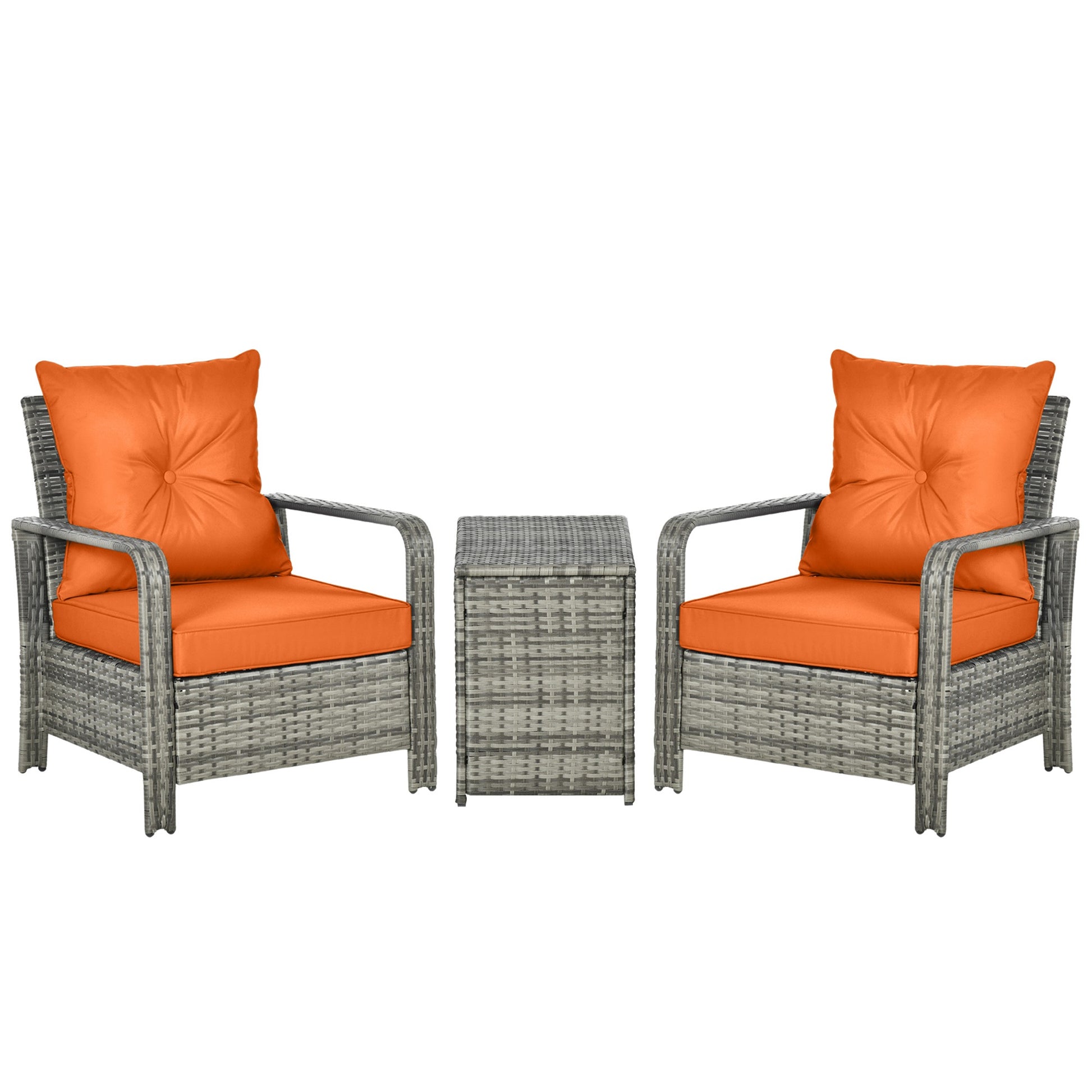 Outsunny 3 Pieces Rattan Bistro Set, Wicker Garden Furniture Set with 72 L Storage Coffee Table and Chairs, Orange