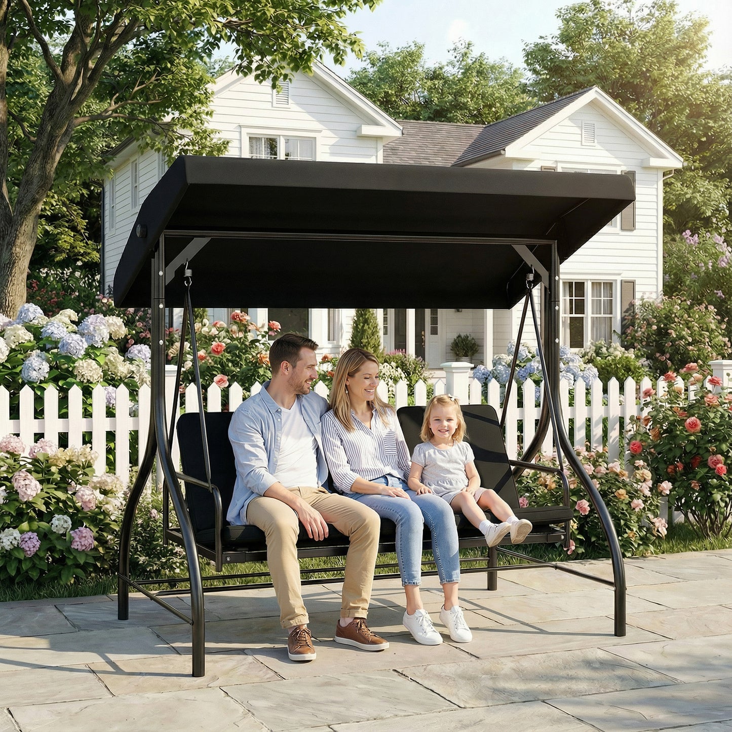 Riviera 3 Seater Canopy Swing Chair, 2 in 1 Garden Swing Seat Bed, with Adjustable Canopy and Metal Frame, Black