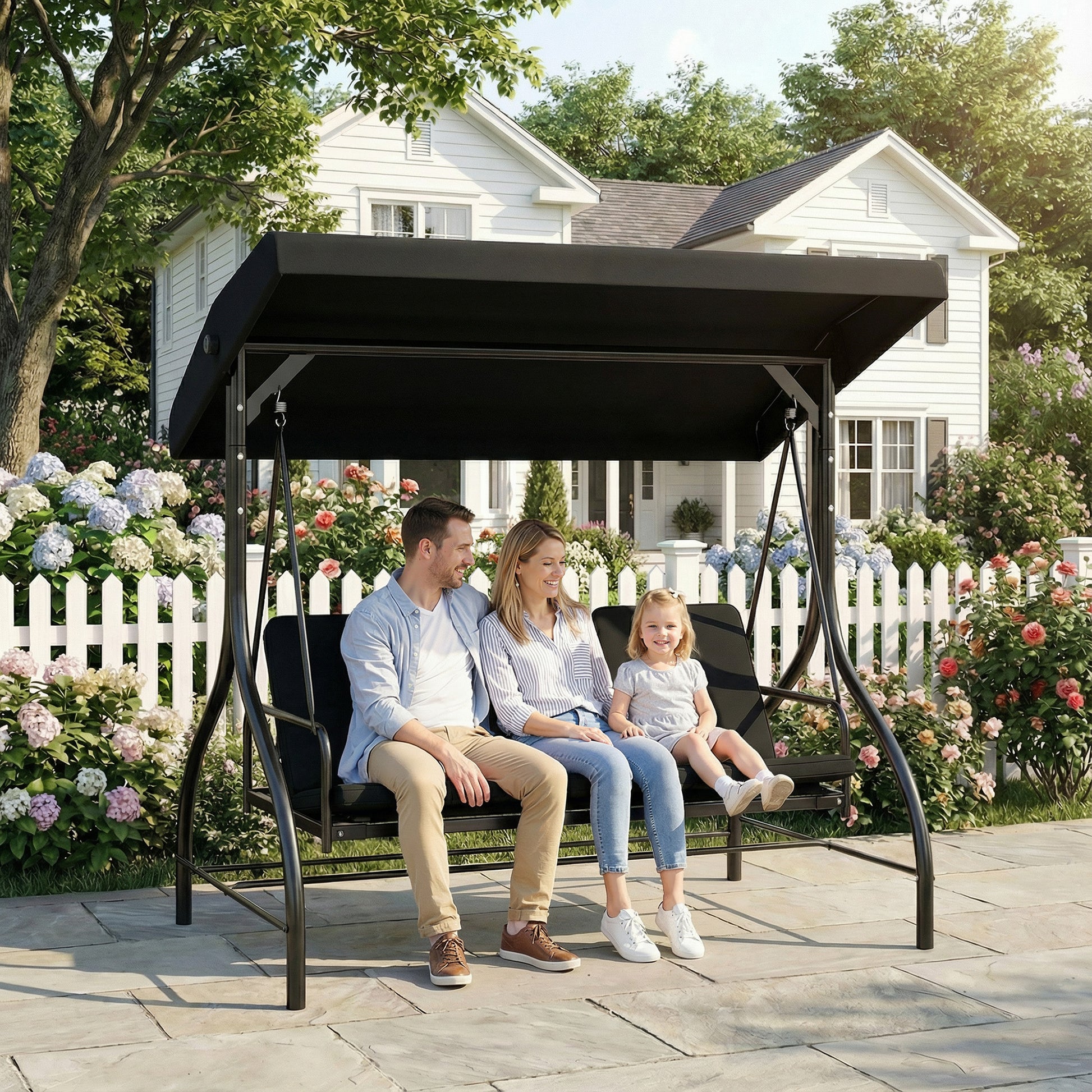 Riviera 3 Seater Canopy Swing Chair, 2 in 1 Garden Swing Seat Bed, with Adjustable Canopy and Metal Frame, Black