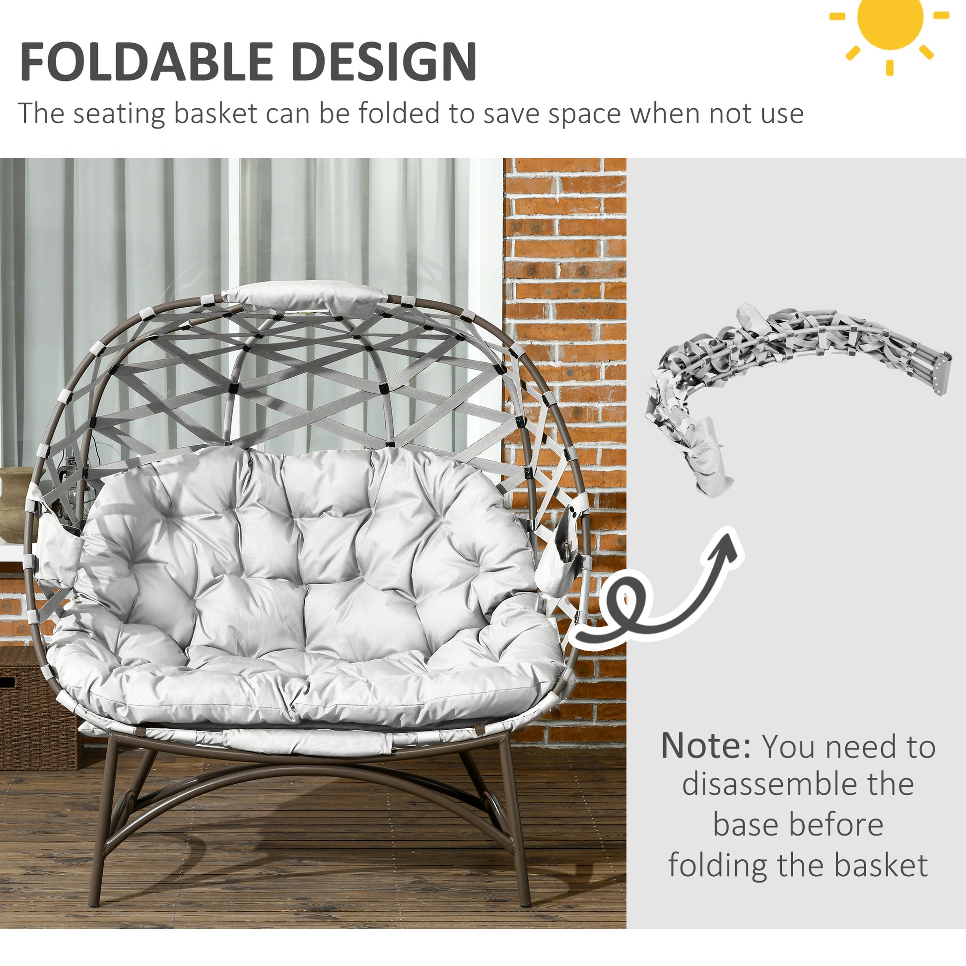 Outsunny 2 Seater Egg Chair Outdoor, Folding Weave Garden Furniture Chair with Cushion, Cup Pockets - Light Grey