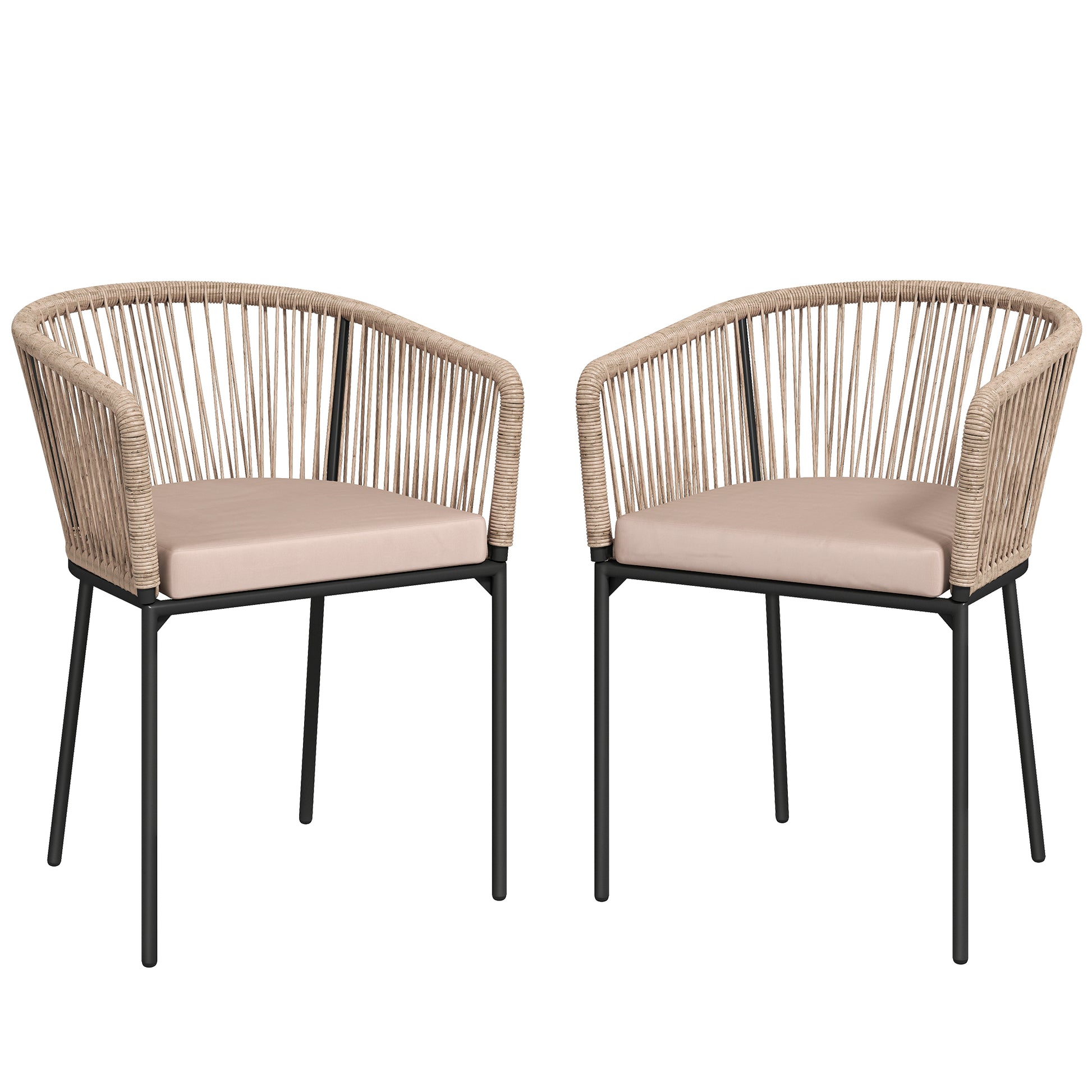 Outsunny Garden Chairs Set of 2, Rattan Garden Dining Chairs with String Back Armrests, Cushions, Natural Wood Finish