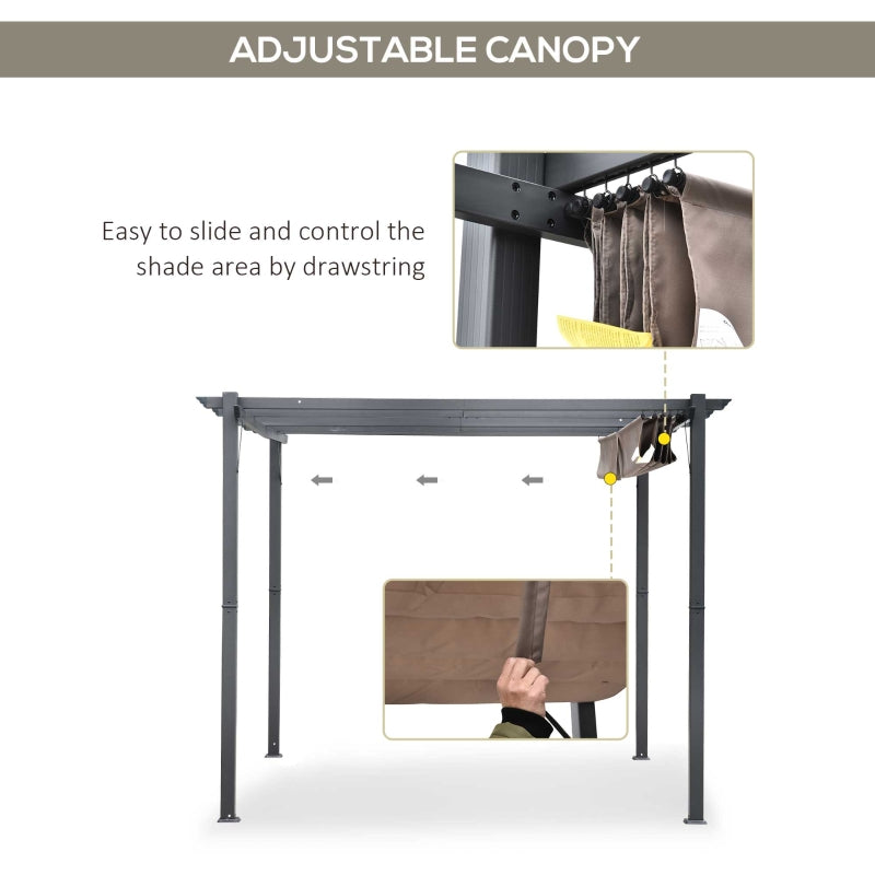 3m x 3m Aluminium Pergola – Brown Retractable Canopy Roof with Pulley System, UV & Water Resistant Garden Shade Shelter with Drainage Grommets