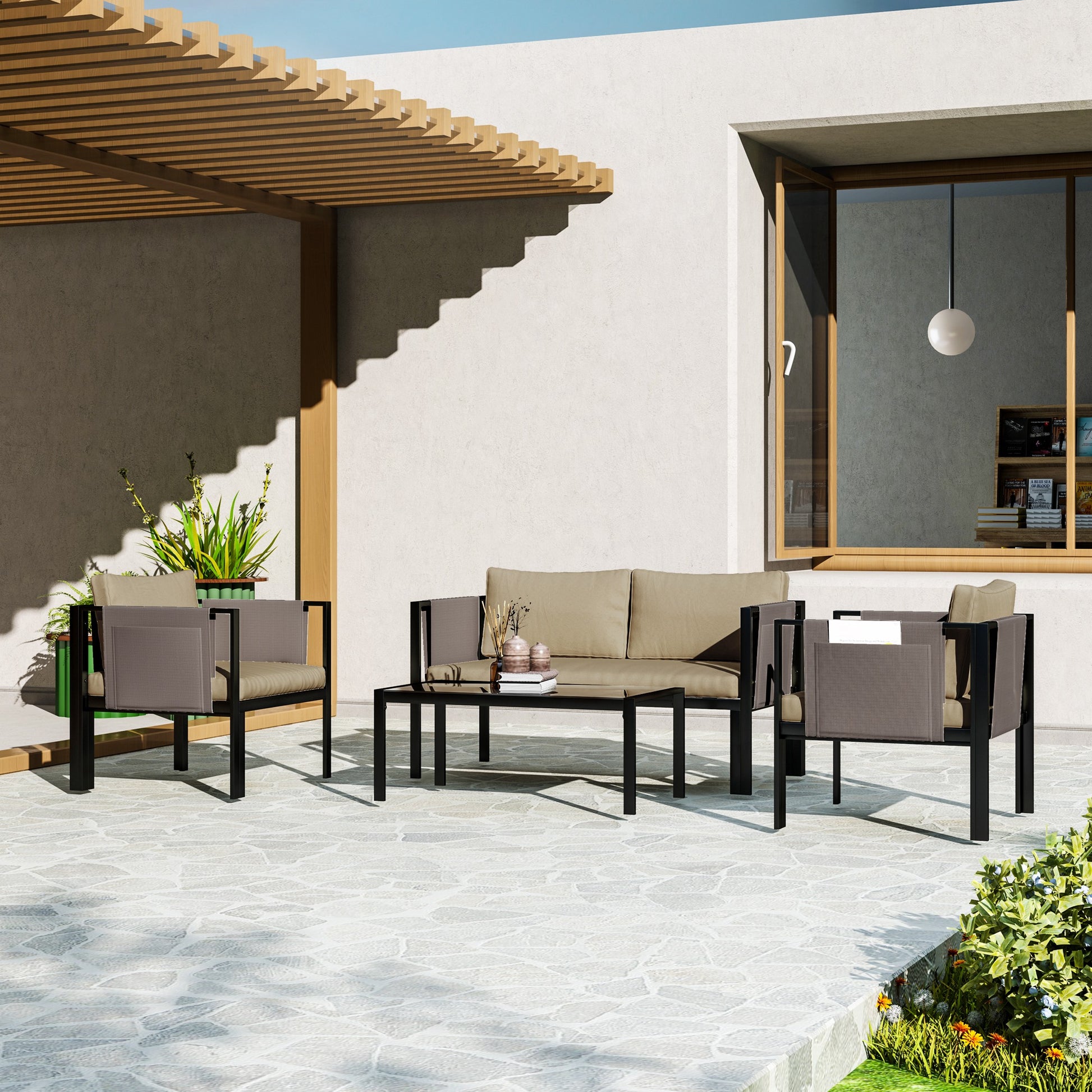 Monaco 4 Piece Metal Garden Furniture Set with Loveseat