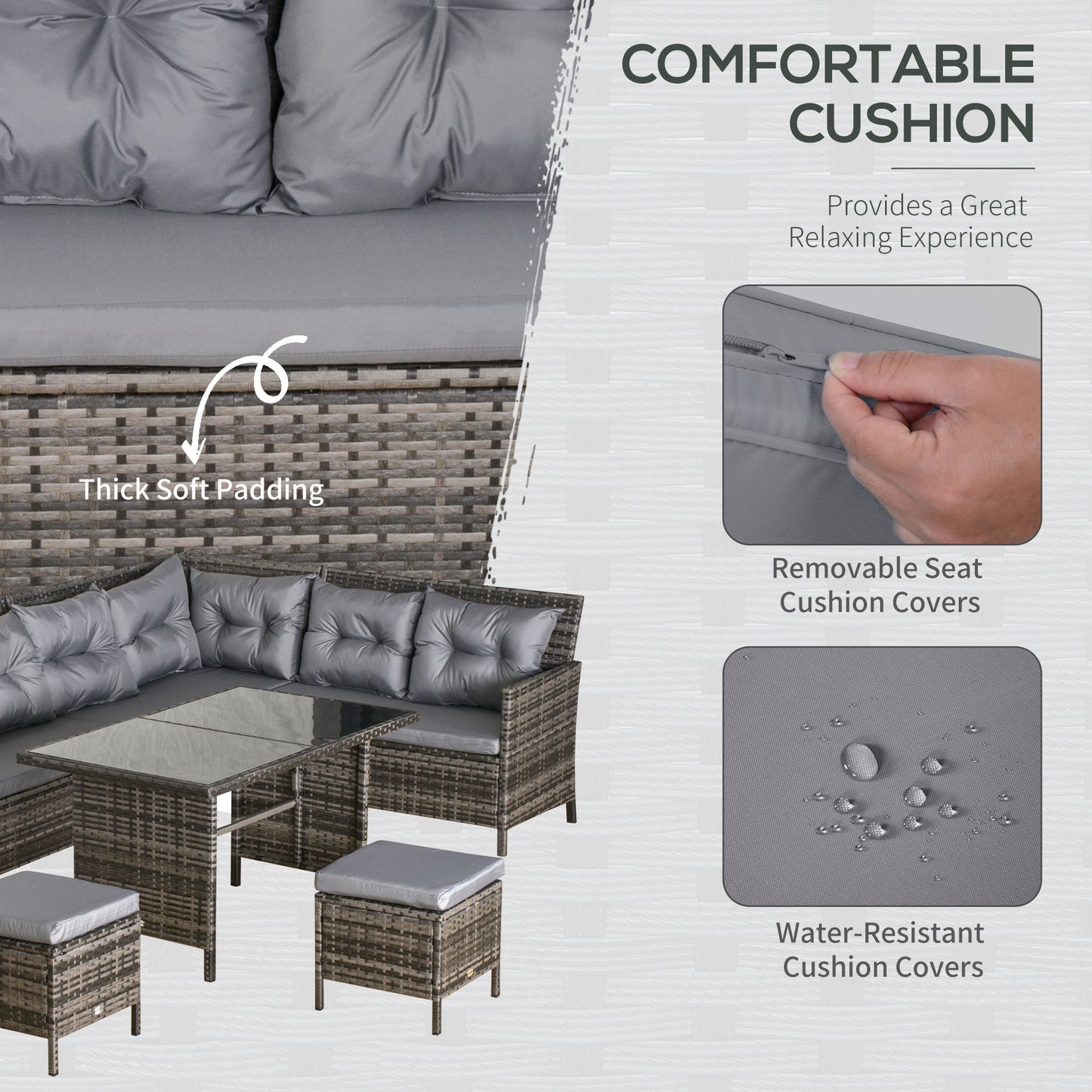 Outsunny 8 Seater Rattan Sofa Set, Rattan Garden Furniture Set with Tempered Glass Table & Thick Cushions, Grey