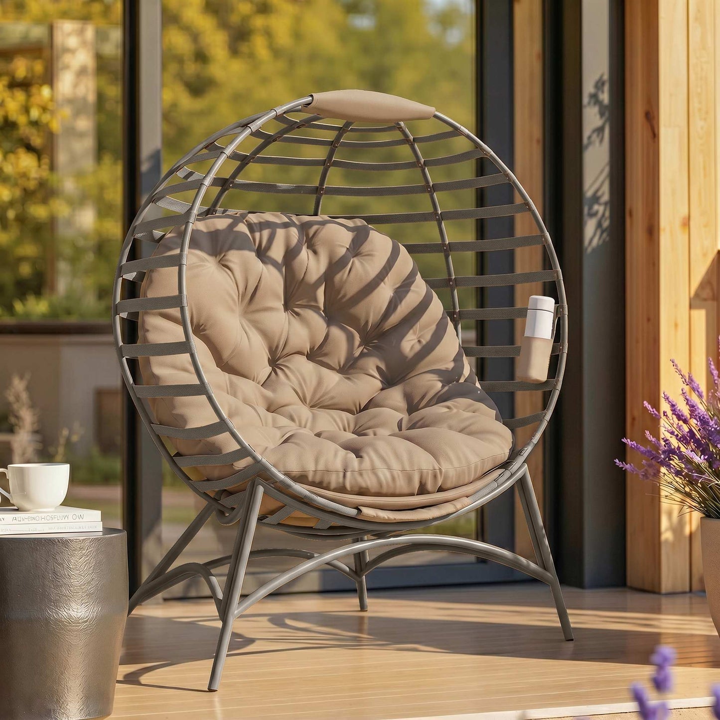 Santorini Egg Chair with Cushion & Side Pocket - Brown