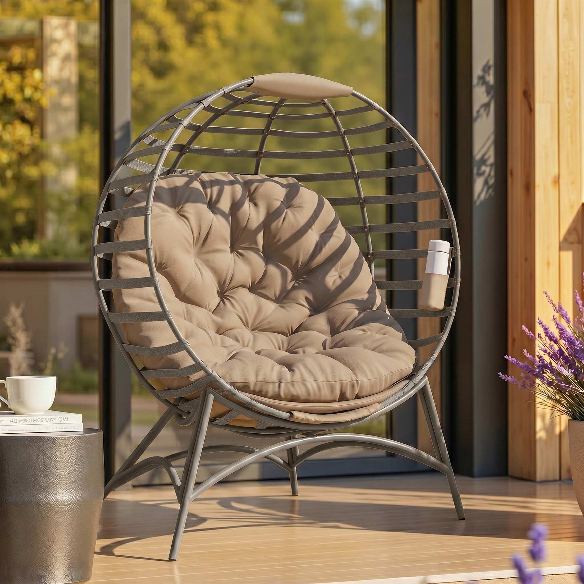 Santorini Egg Chair with Cushion & Side Pocket - Brown