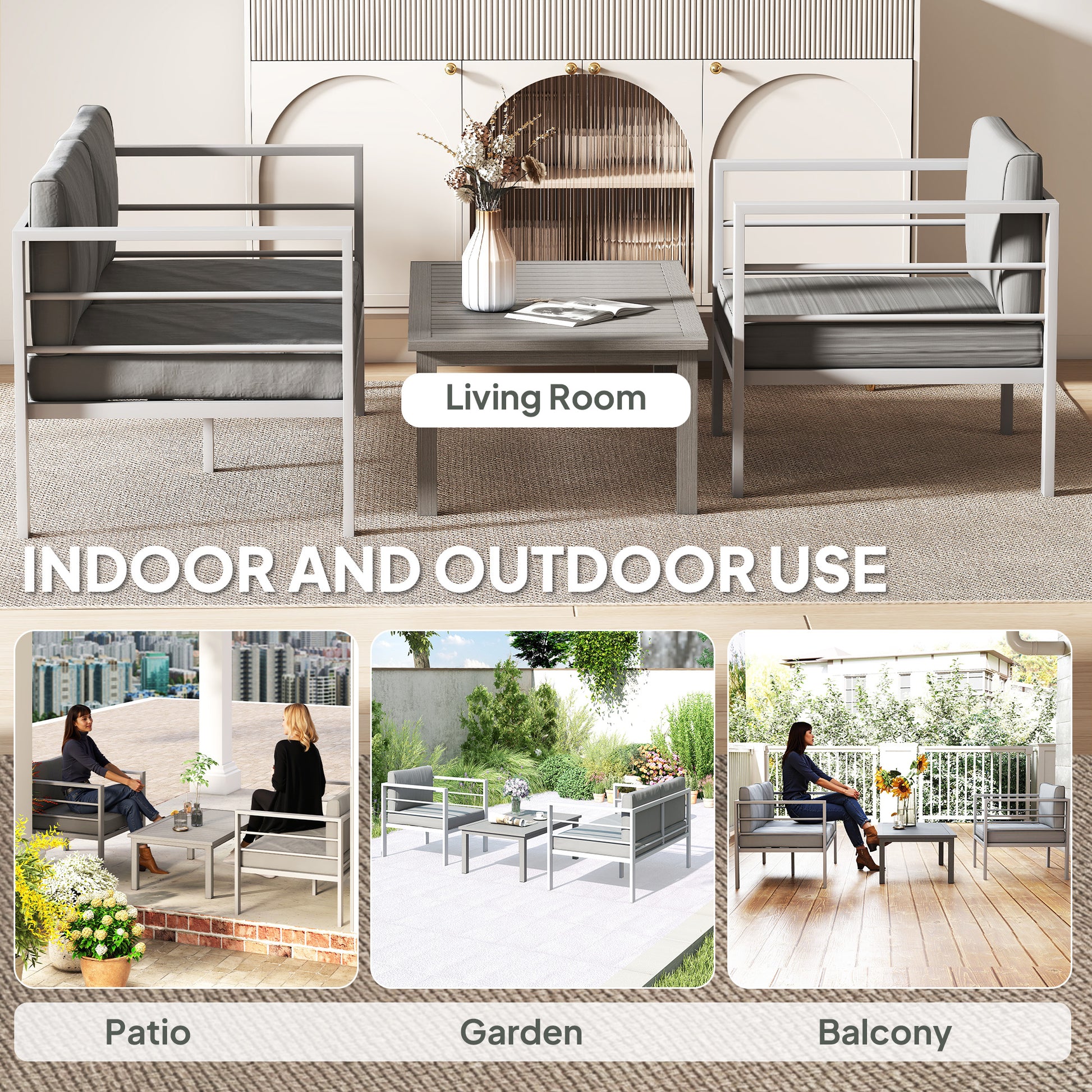 Outsunny 4 Piece Garden Furniture Set, 4 Seater Aluminium Garden Sofa Set with 2 Armchairs, Loveseat, Coffee Table and Cushions, Outdoor Conversation Conservatory Furniture for Patio, Charcoal Grey
