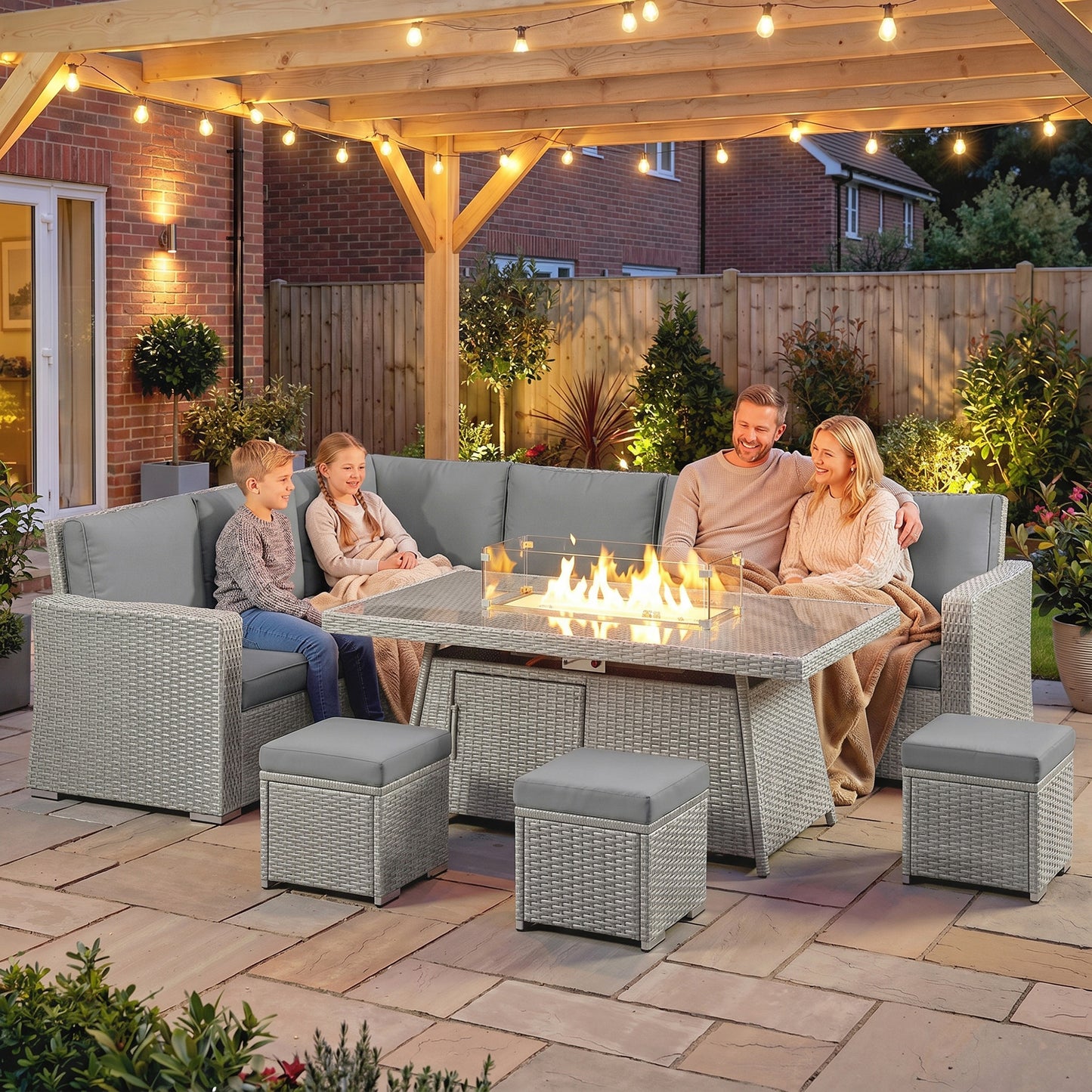 Outsunny Seven-Piece Firepit Table Rattan Sofa Set - Grey